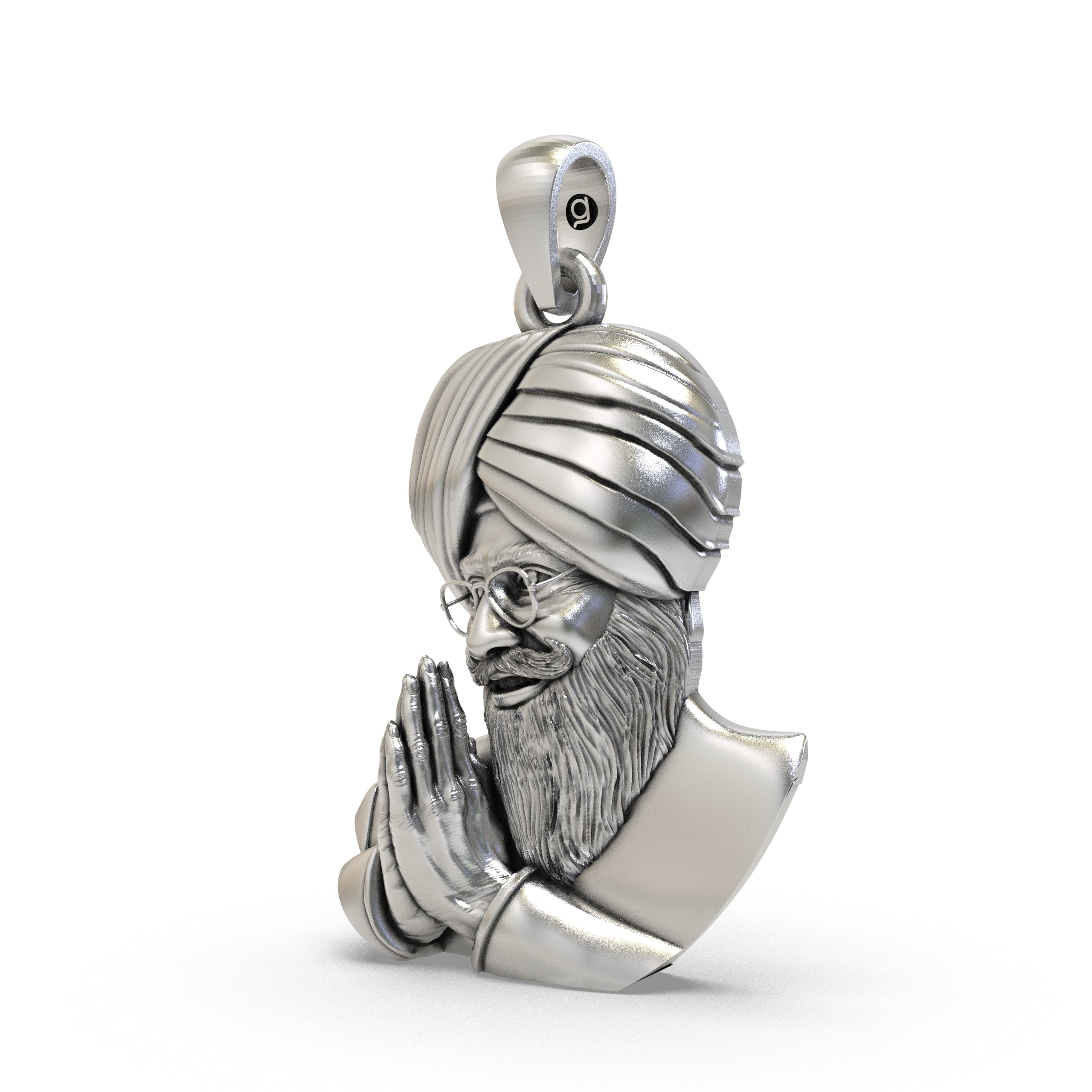 An angled view of the handcrafted 925 silver Baba Gurinder Singh Ji pendant, showcasing its spiritual design.