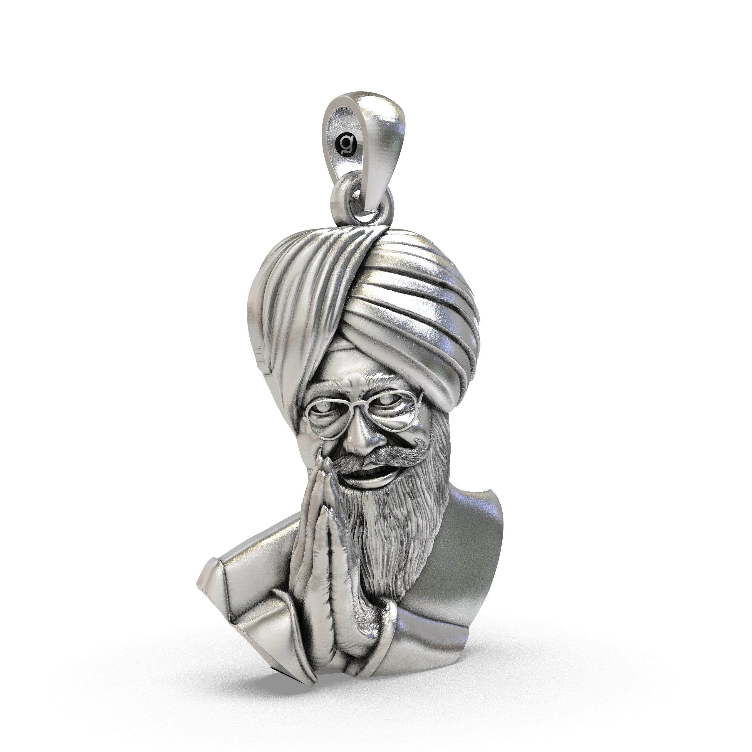 Close-up detail of the Baba Gurinder Singh Ji pendant in 925 sterling silver, highlighting fine craftsmanship.