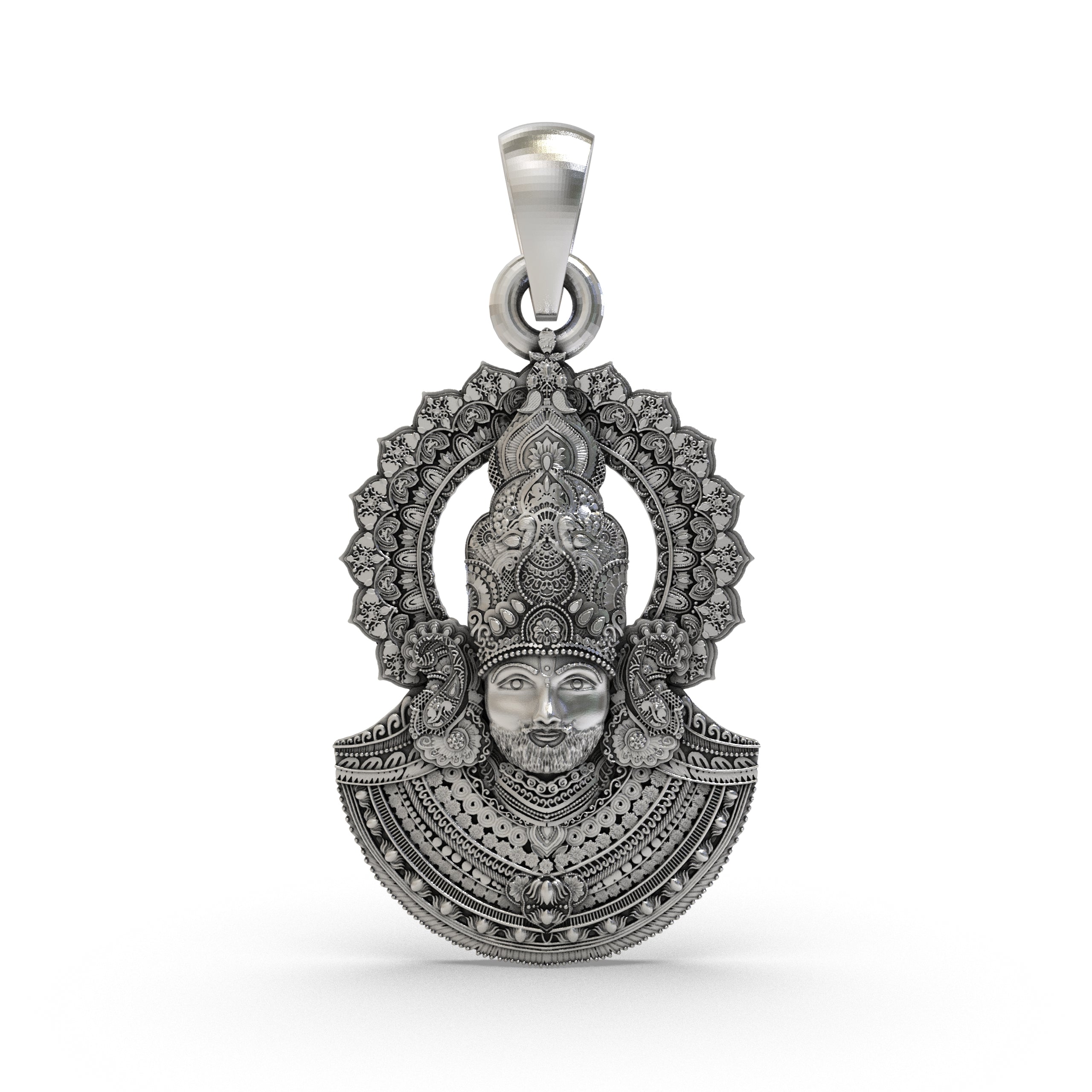 Front view of the detailed 925 silver Khatu Shyam Ji pendant, showcasing the divine Lord Shyam Baba's face. Main image