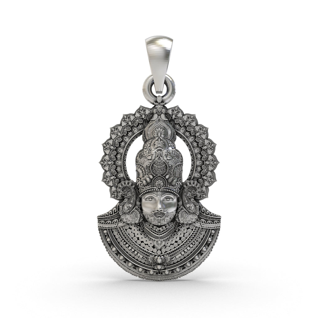 Front view of the detailed 925 silver Khatu Shyam Ji pendant, showcasing the divine Lord Shyam Baba's face.