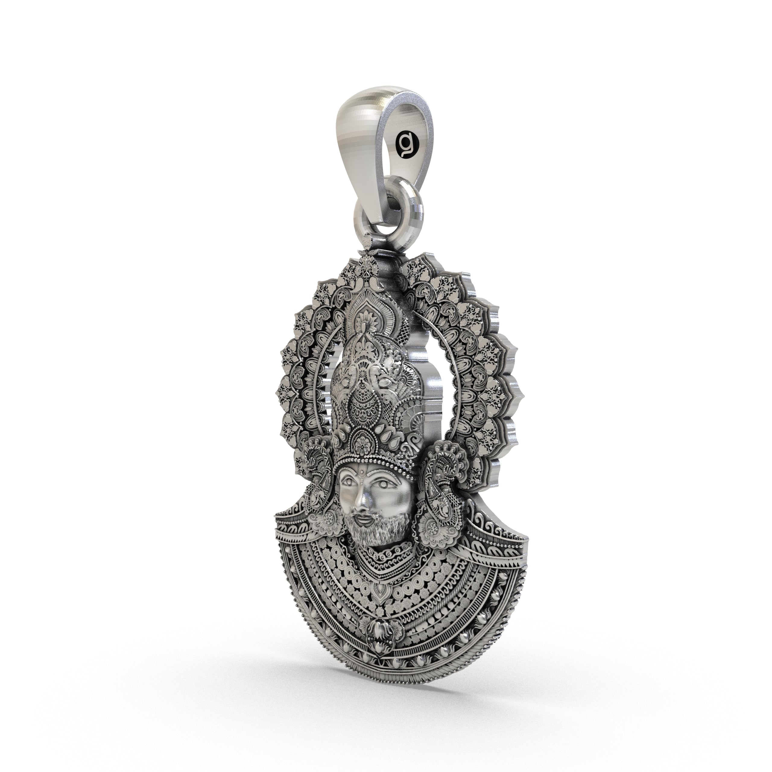 Angled shot of the pure 925 sterling silver Khatu Shyam Ji locket, highlighting its polished finish and depth.