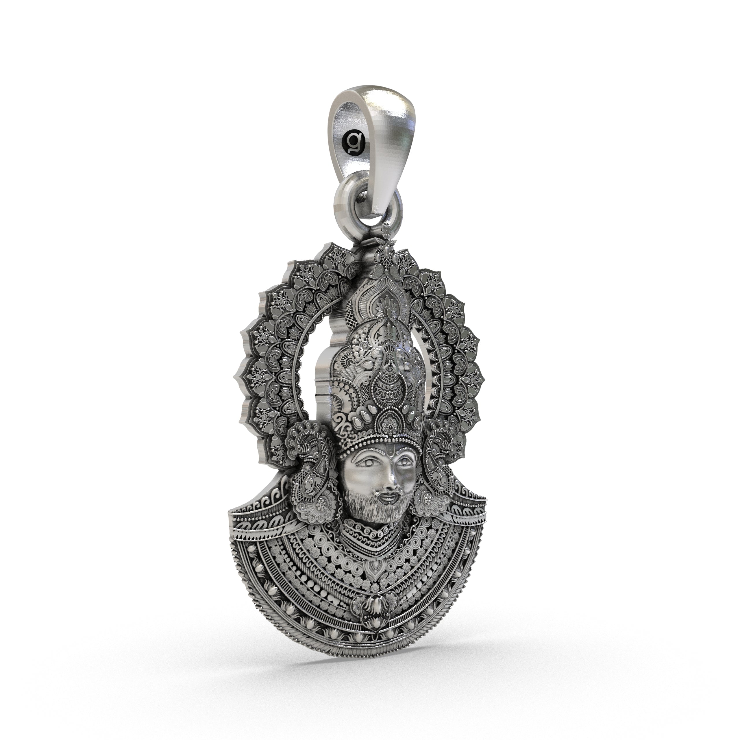 A close-up of the intricately crafted Khatu Shyam Ji Baba pendant in 925 silver showing its devotional design.