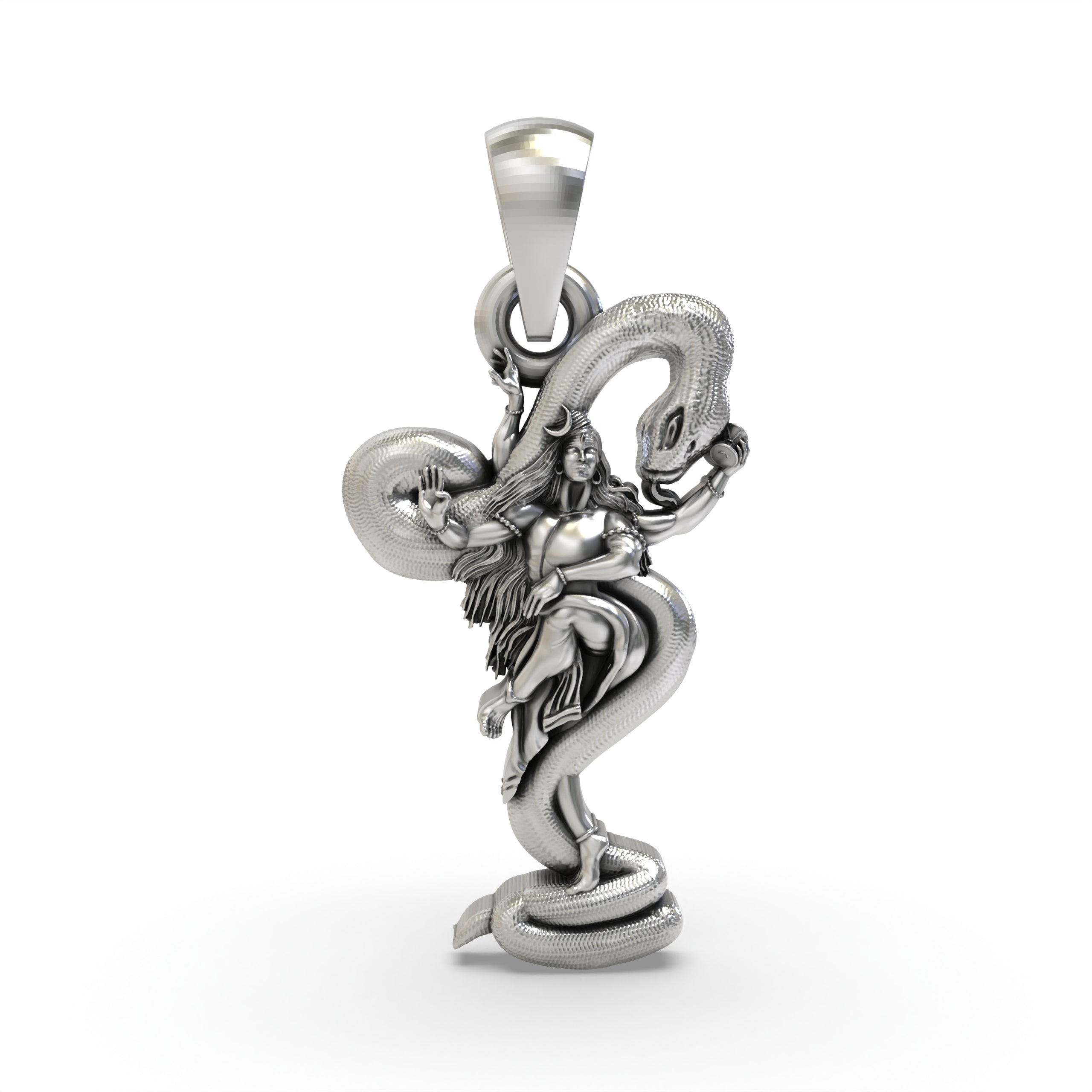 Front view of a detailed 925 silver Lord Shiva pendant with a coiled snake, Trishul, and Damru on an oxidized finish. Main image