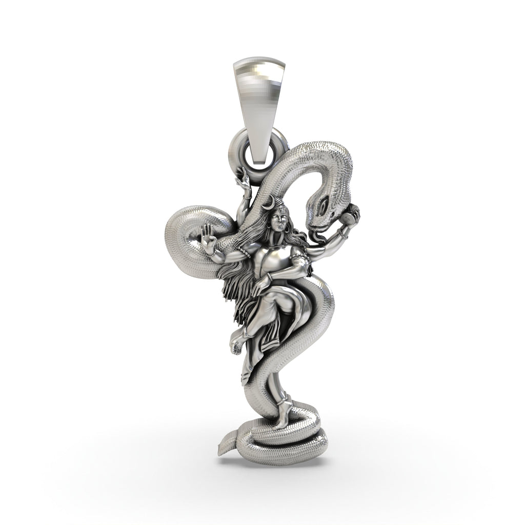 Front view of a detailed 925 silver Lord Shiva pendant with a coiled snake, Trishul, and Damru on an oxidized finish.