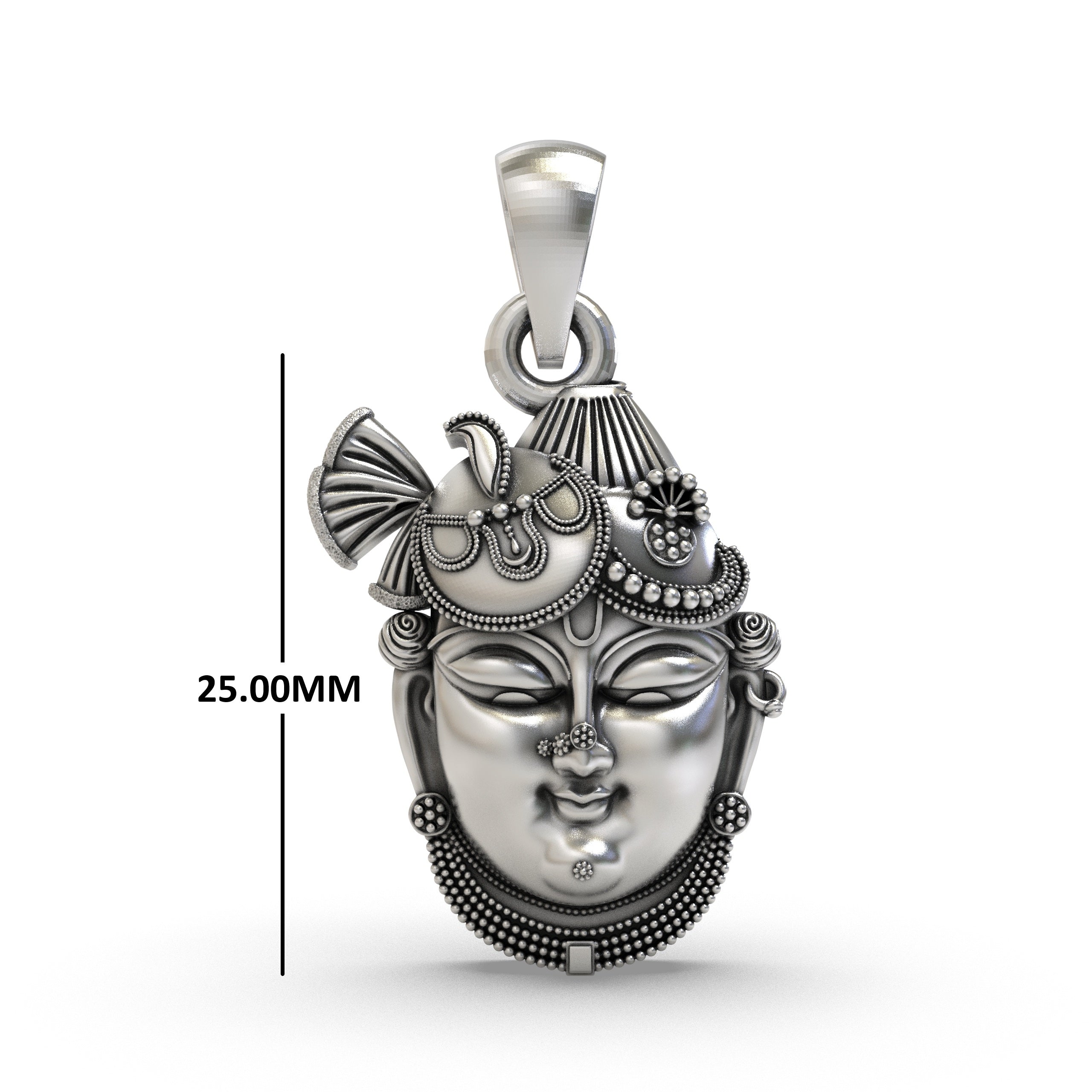 Front view of the 925 sterling silver Shrinathji face pendant with detailed craftsmanship and an oxidized finish.