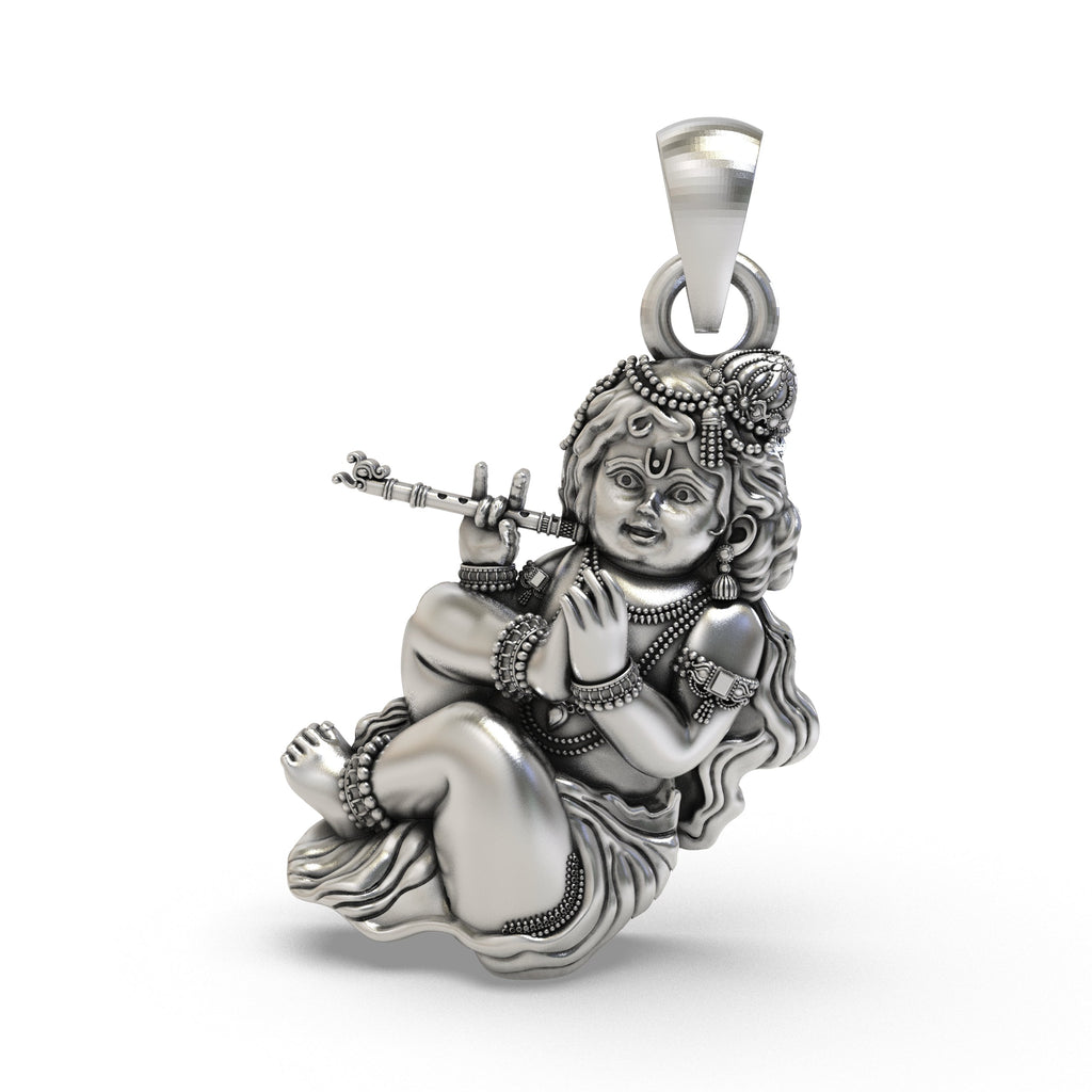 Front view of the 925 sterling silver Bal Gopal pendant, showing baby Krishna holding a ladoo with an oxidized finish.