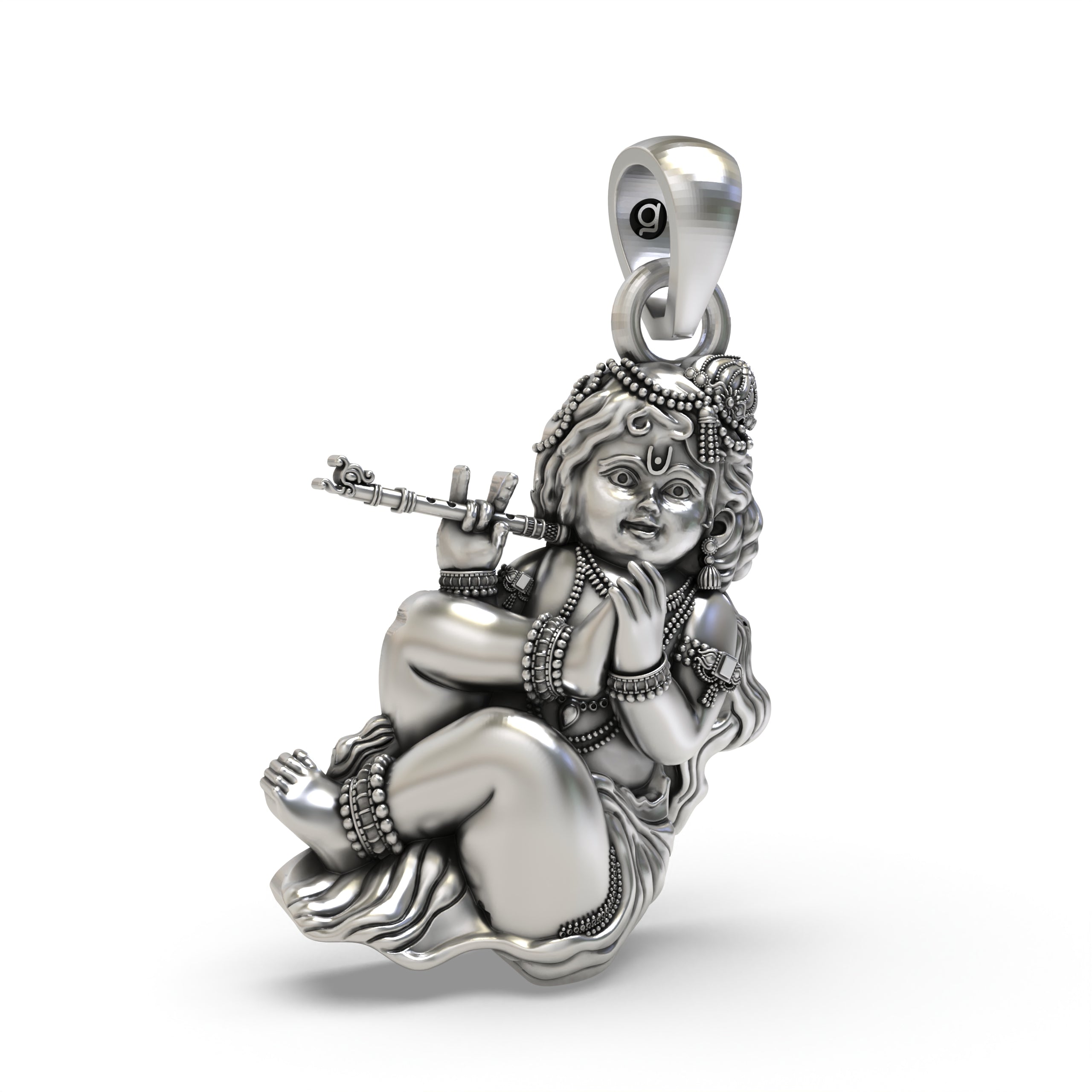 Close-up detail of the Bal Gopal baby Krishna pendant in oxidized 925 silver, showcasing its fine craftsmanship.