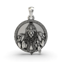 Front view of the intricately detailed 925 sterling silver Narsimha pendant, showing the fierce lion-man avatar of Vishnu.