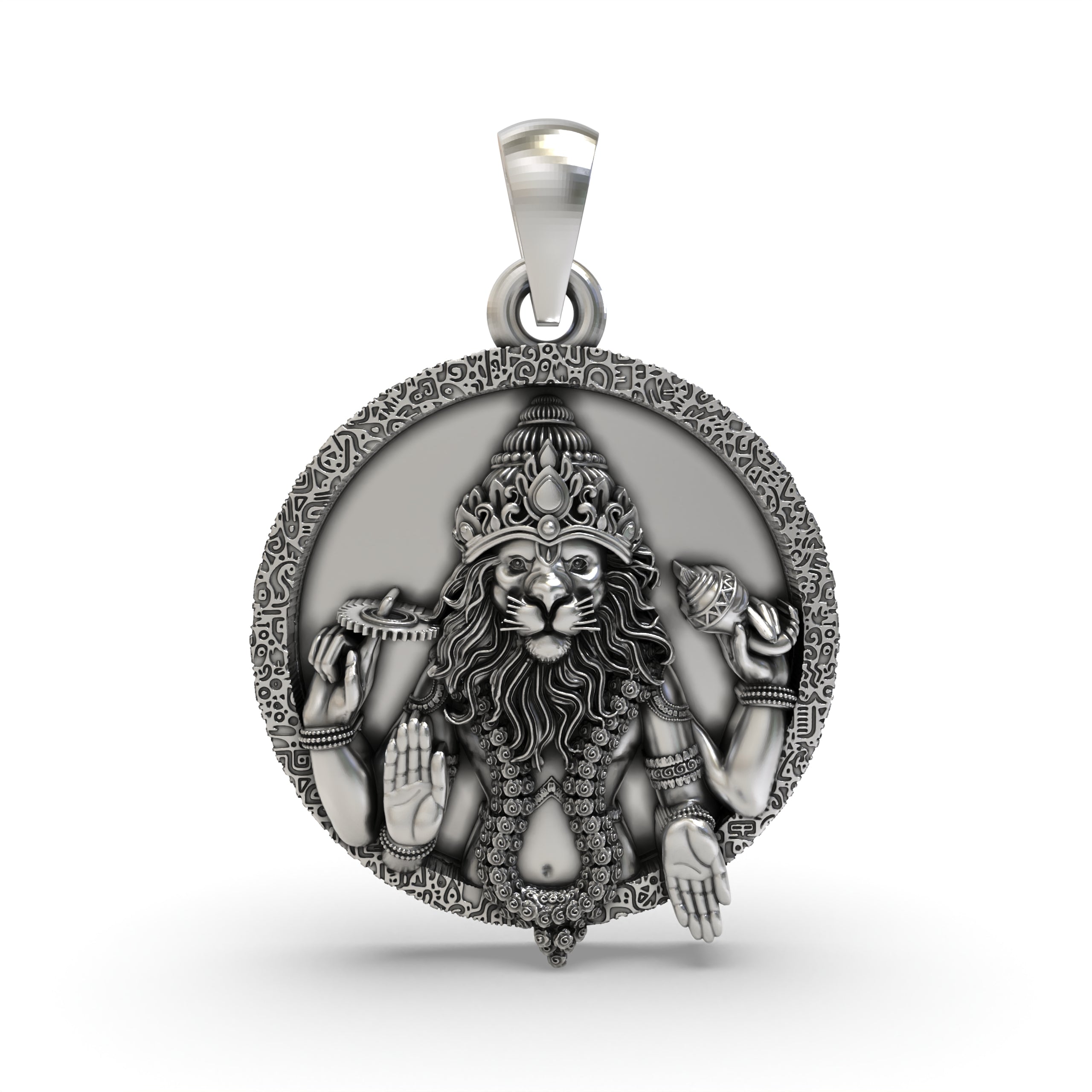 Front view of the intricately detailed 925 sterling silver Narsimha pendant, showing the fierce lion-man avatar of Vishnu.