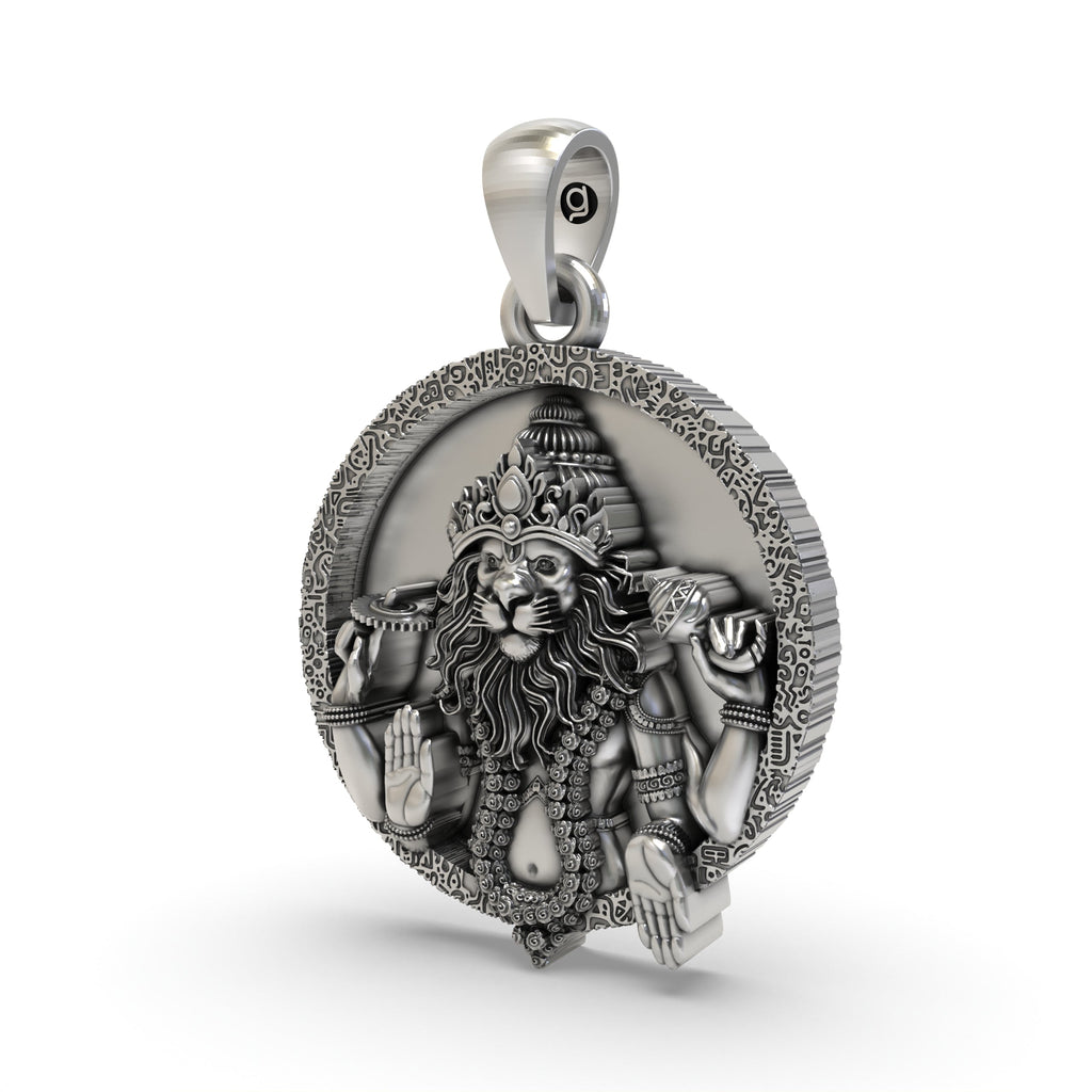 Angled side view of the oxidized 925 silver Narsimha pendant, highlighting the three-dimensional craftsmanship and detail.