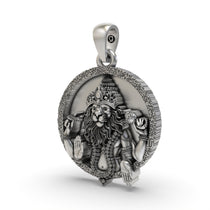 Angled side view of the oxidized 925 silver Narsimha pendant, highlighting the three-dimensional craftsmanship and detail.