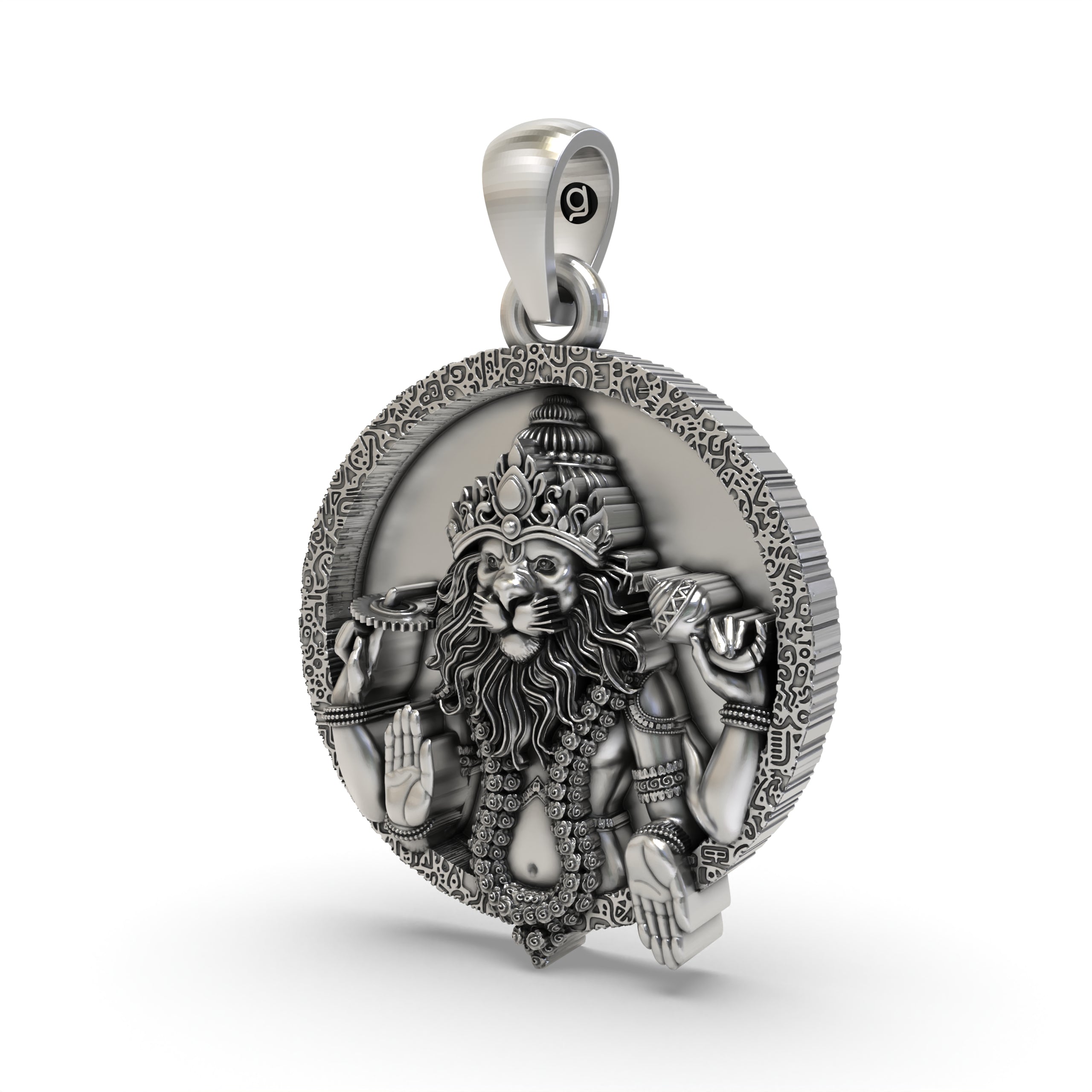 Angled side view of the oxidized 925 silver Narsimha pendant, highlighting the three-dimensional craftsmanship and detail.