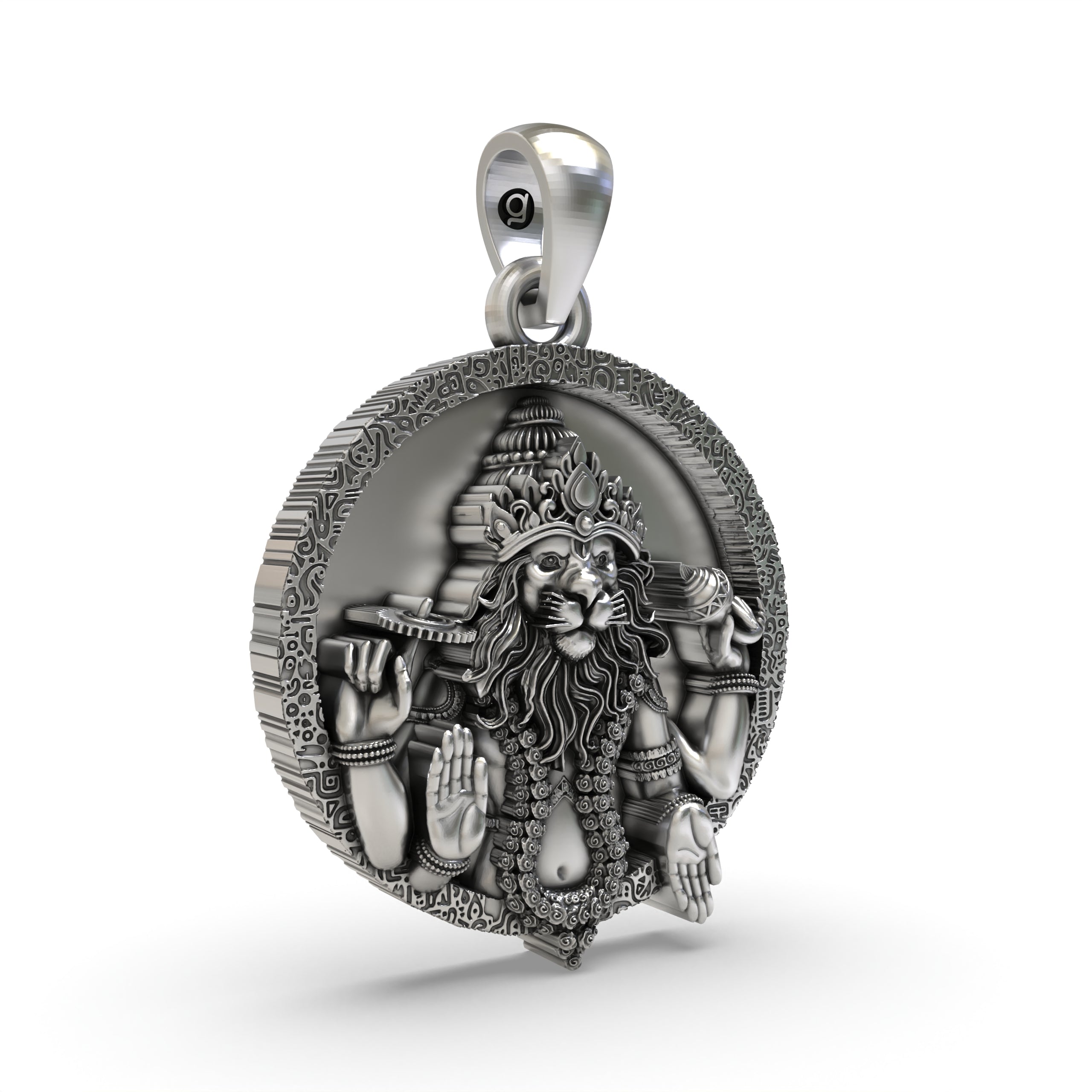 Close-up detail of the Lord Narsimha pendant in 925 silver, showcasing the antique oxidized finish and expressive features.