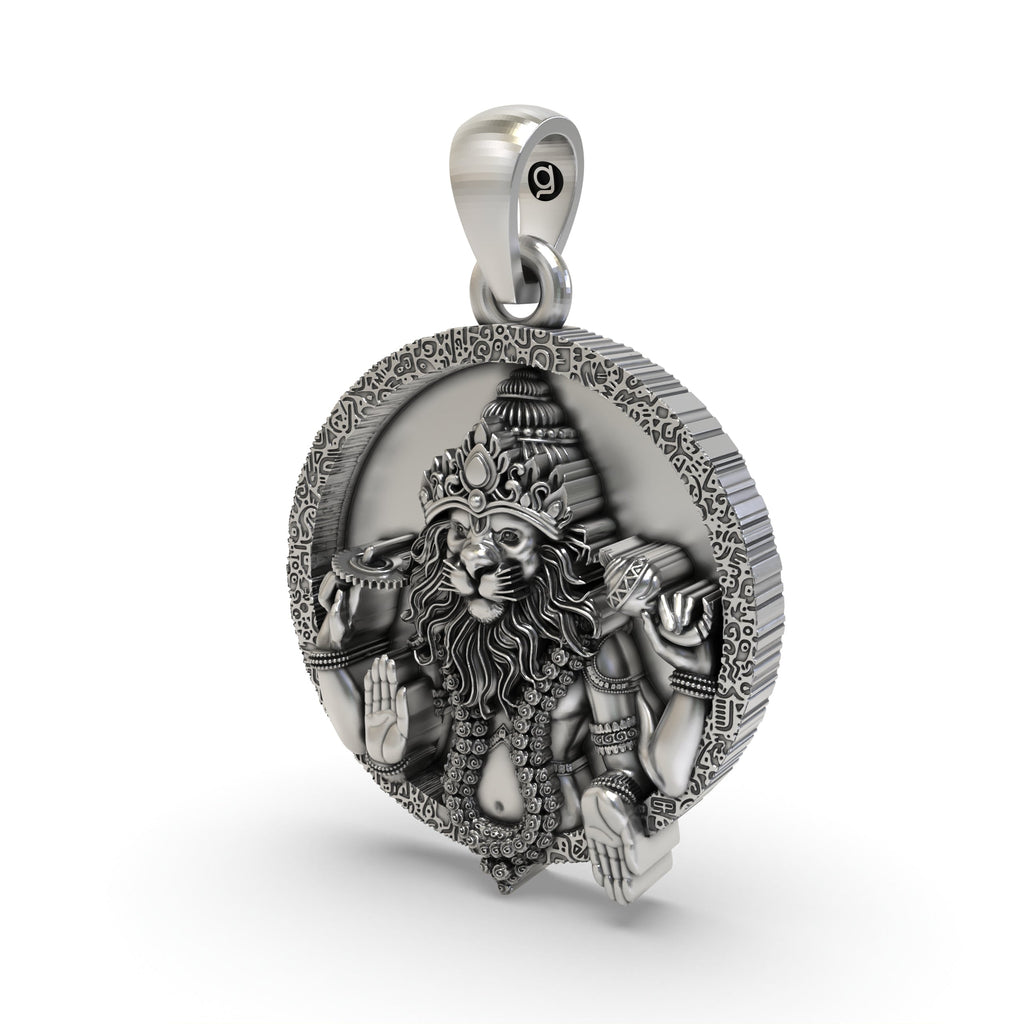 The hollow back design of the lightweight 925 silver Narsimha pendant, illustrating its comfortable construction for daily