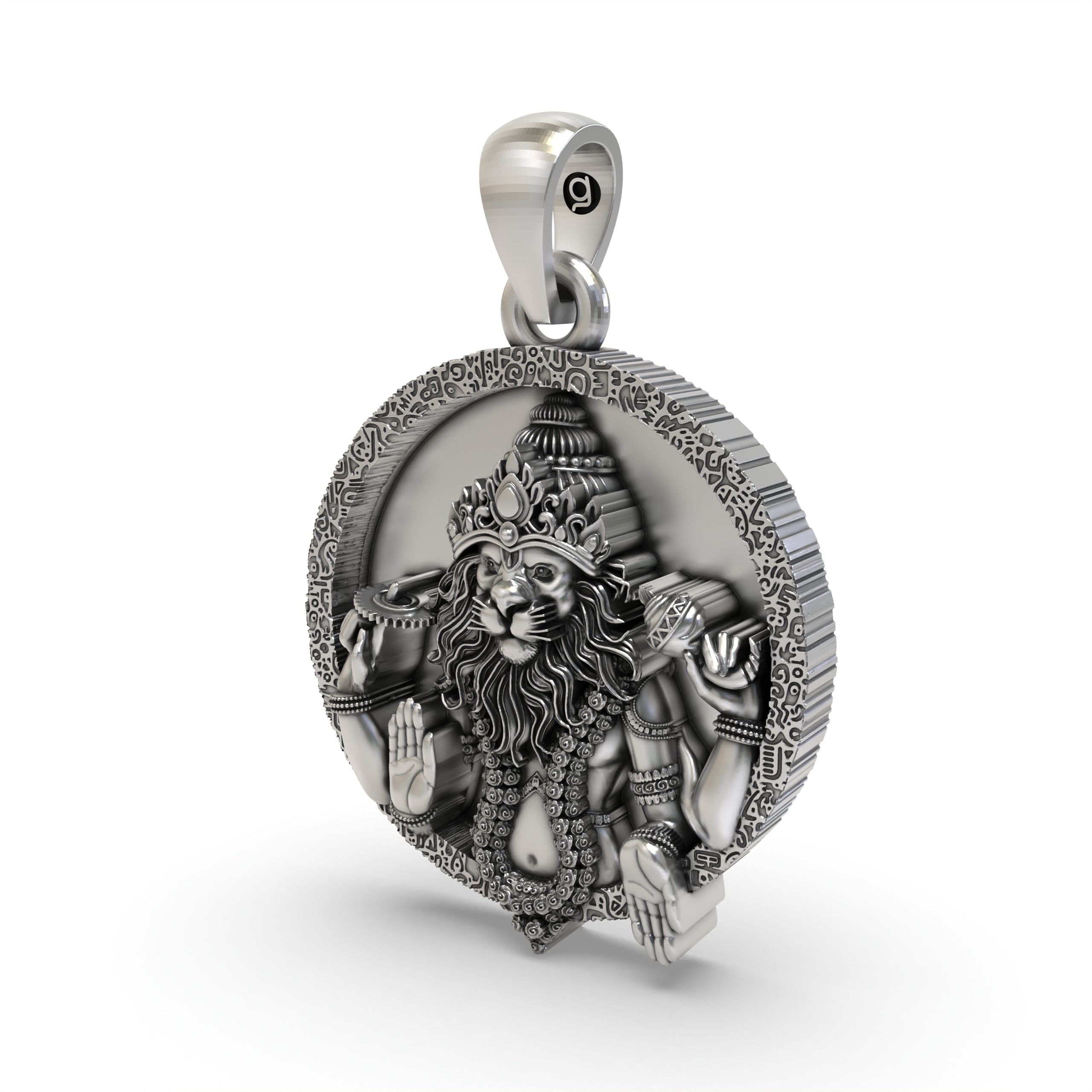 The hollow back design of the lightweight 925 silver Narsimha pendant, illustrating its comfortable construction for daily