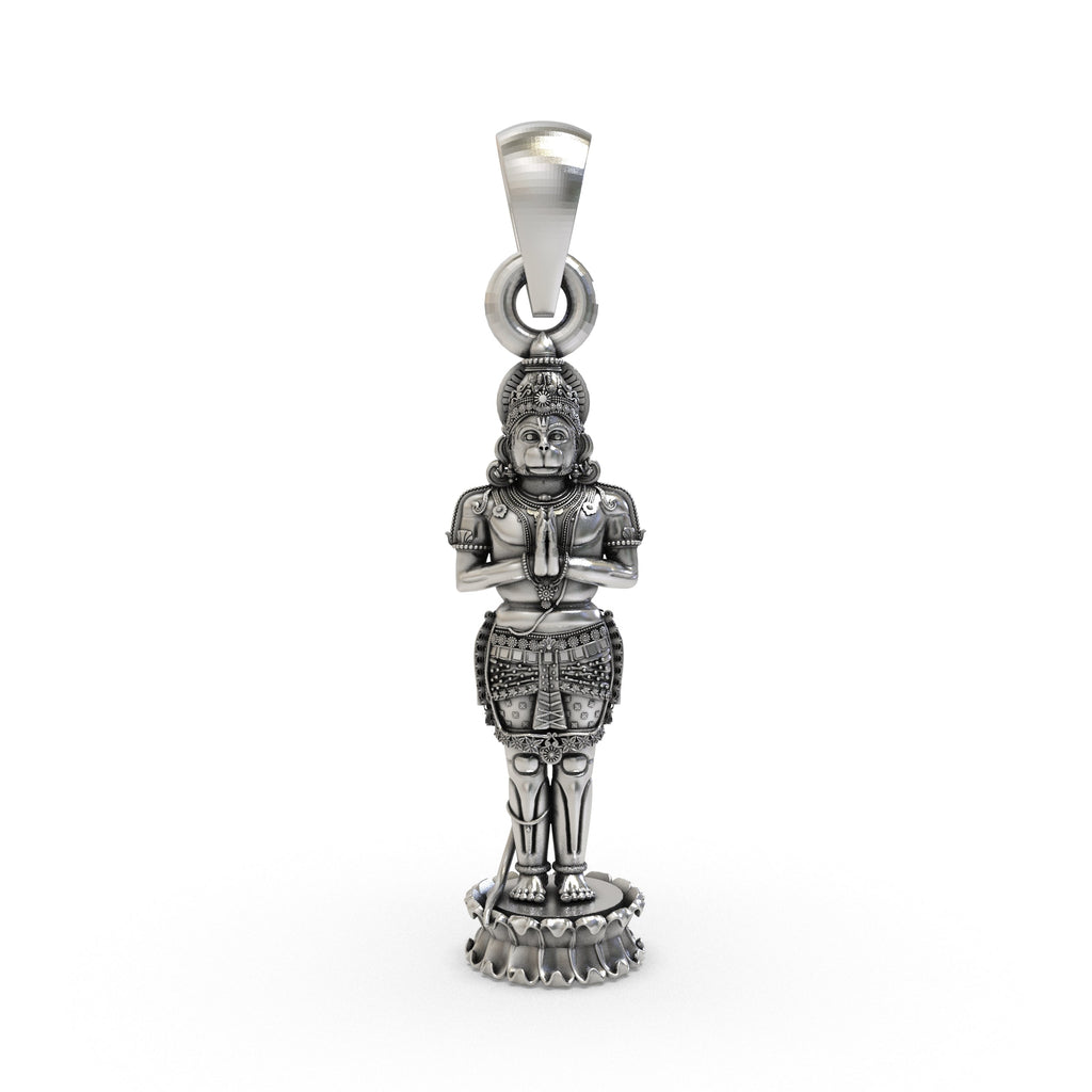 Front view of the detailed 925 sterling silver Hanumanji pendant, showing his powerful form holding a mace.