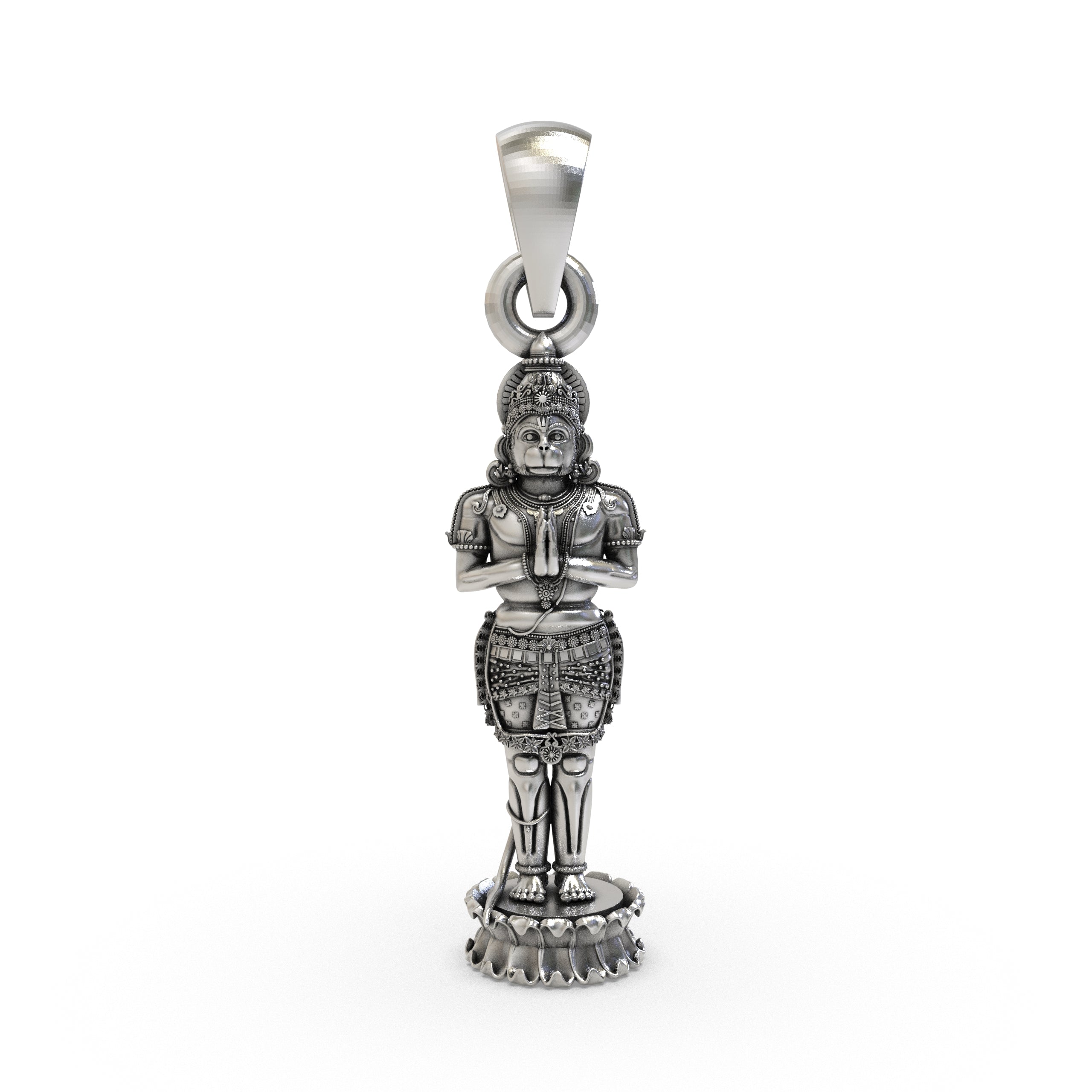 Front view of the detailed 925 sterling silver Hanumanji pendant, showing his powerful form holding a mace.