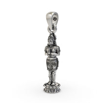 Angled shot of the oxidized 925 silver Lord Hanuman pendant, highlighting the intricate craftsmanship and details.
