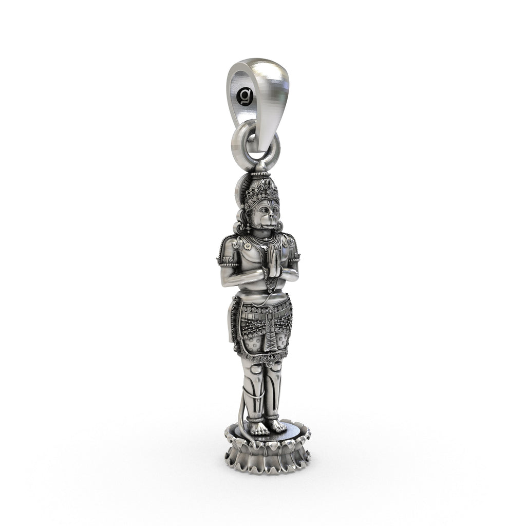 Side profile of the divine Hanumanji silver pendant, revealing the depth and dimension of the handcrafted design.