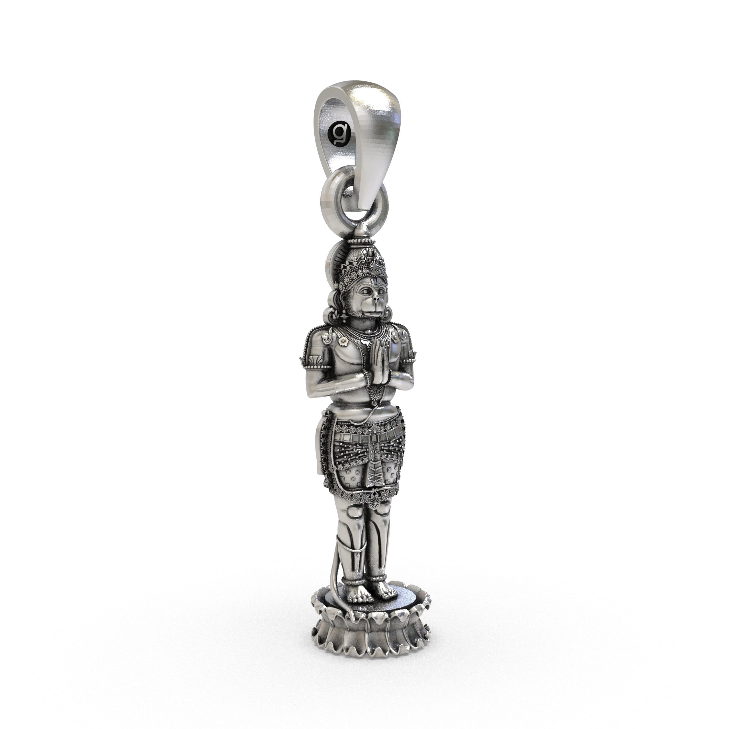 Side profile of the divine Hanumanji silver pendant, revealing the depth and dimension of the handcrafted design.