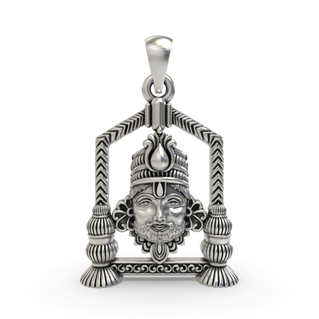 Front view of the intricately carved Khatu Shyam Ji face pendant in oxidized 925 sterling silver, showing divine details.