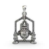 Front view of the intricately carved Khatu Shyam Ji face pendant in oxidized 925 sterling silver, showing divine details.
