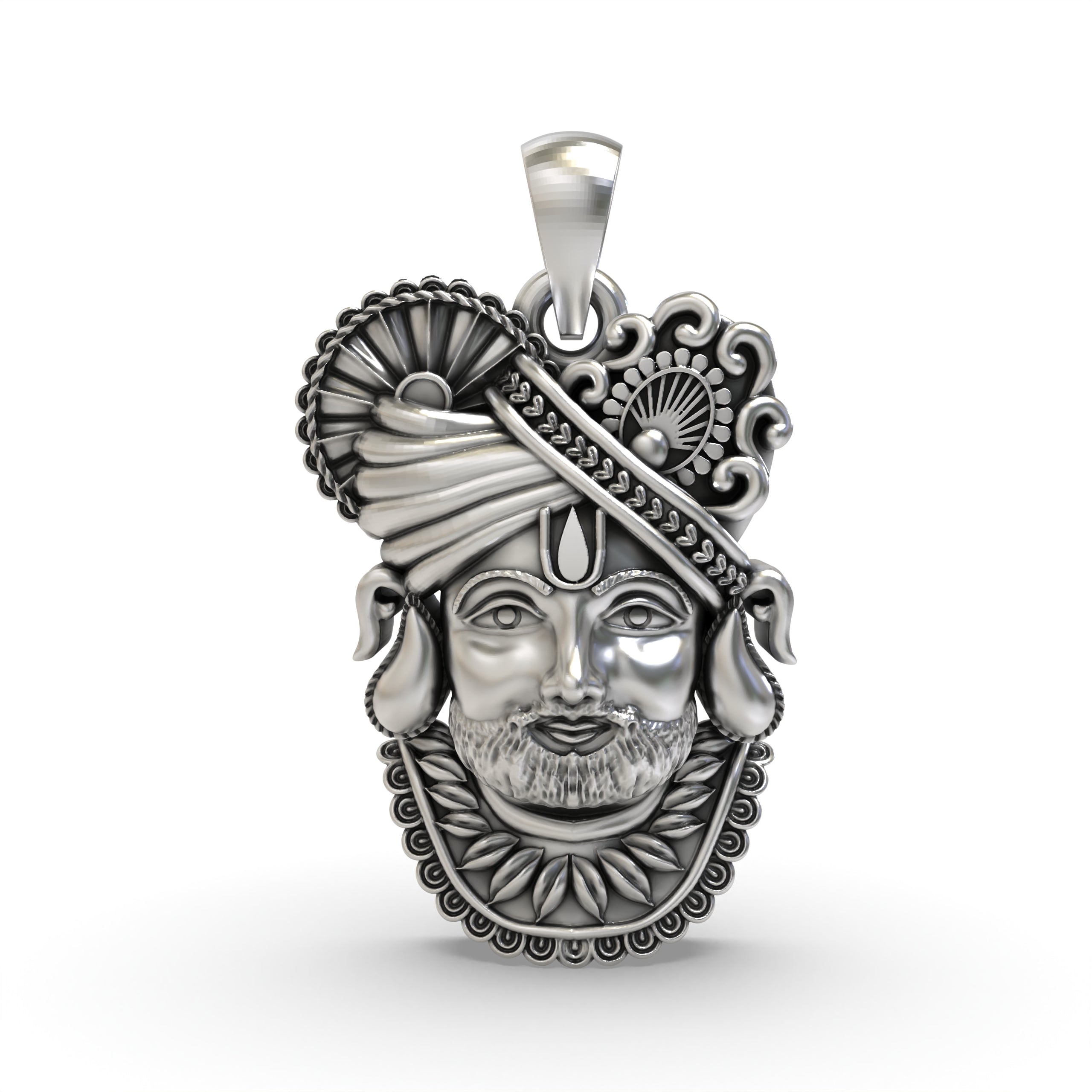 Front view of the handmade 925 silver Khatu Shyam pendant, showing the serene face of the Hindu deity. Main image