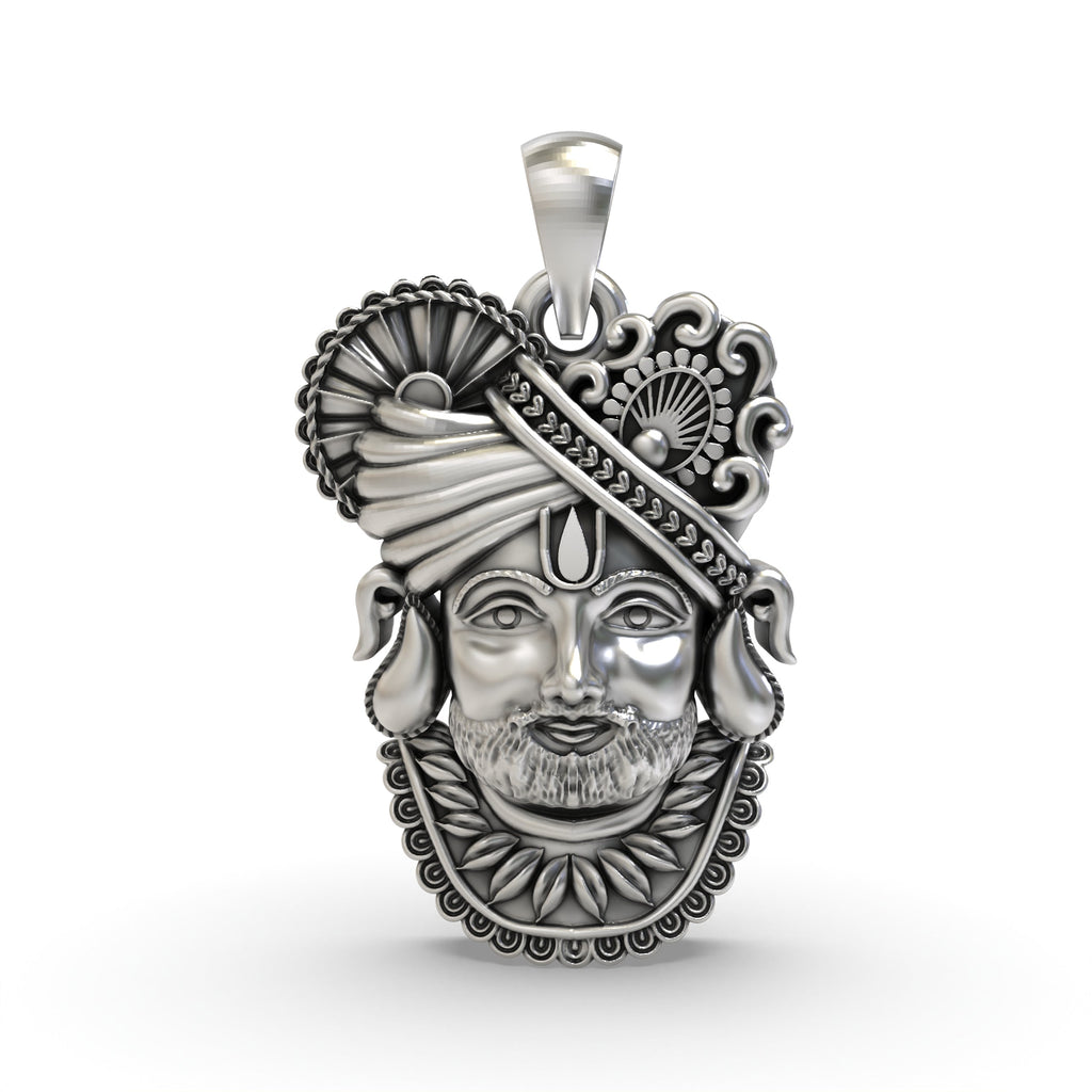 Front view of the handmade 925 silver Khatu Shyam pendant, showing the serene face of the Hindu deity.