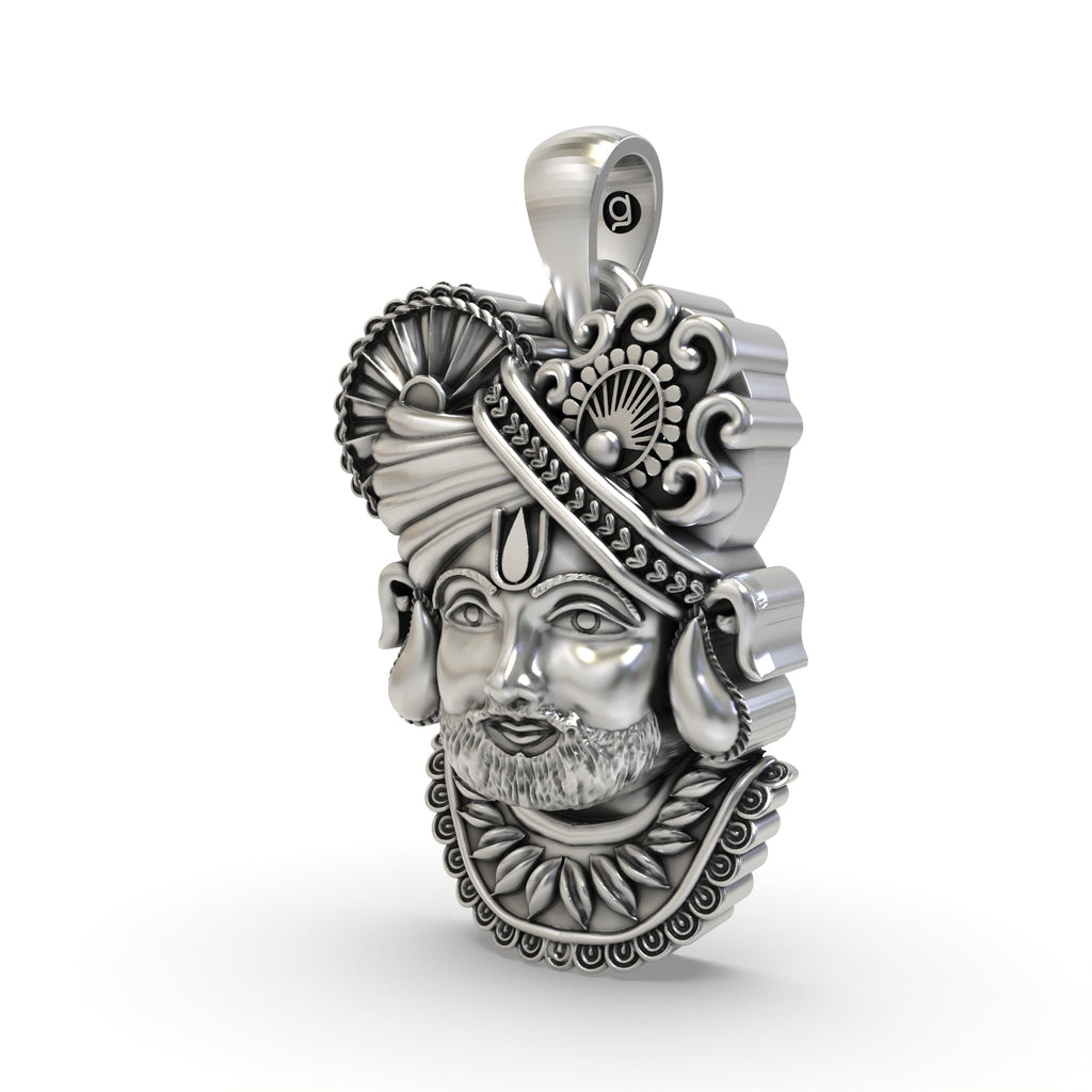 Angled view of the oxidized Khatu Shyam pendant in sterling silver, highlighting its divine craftsmanship.