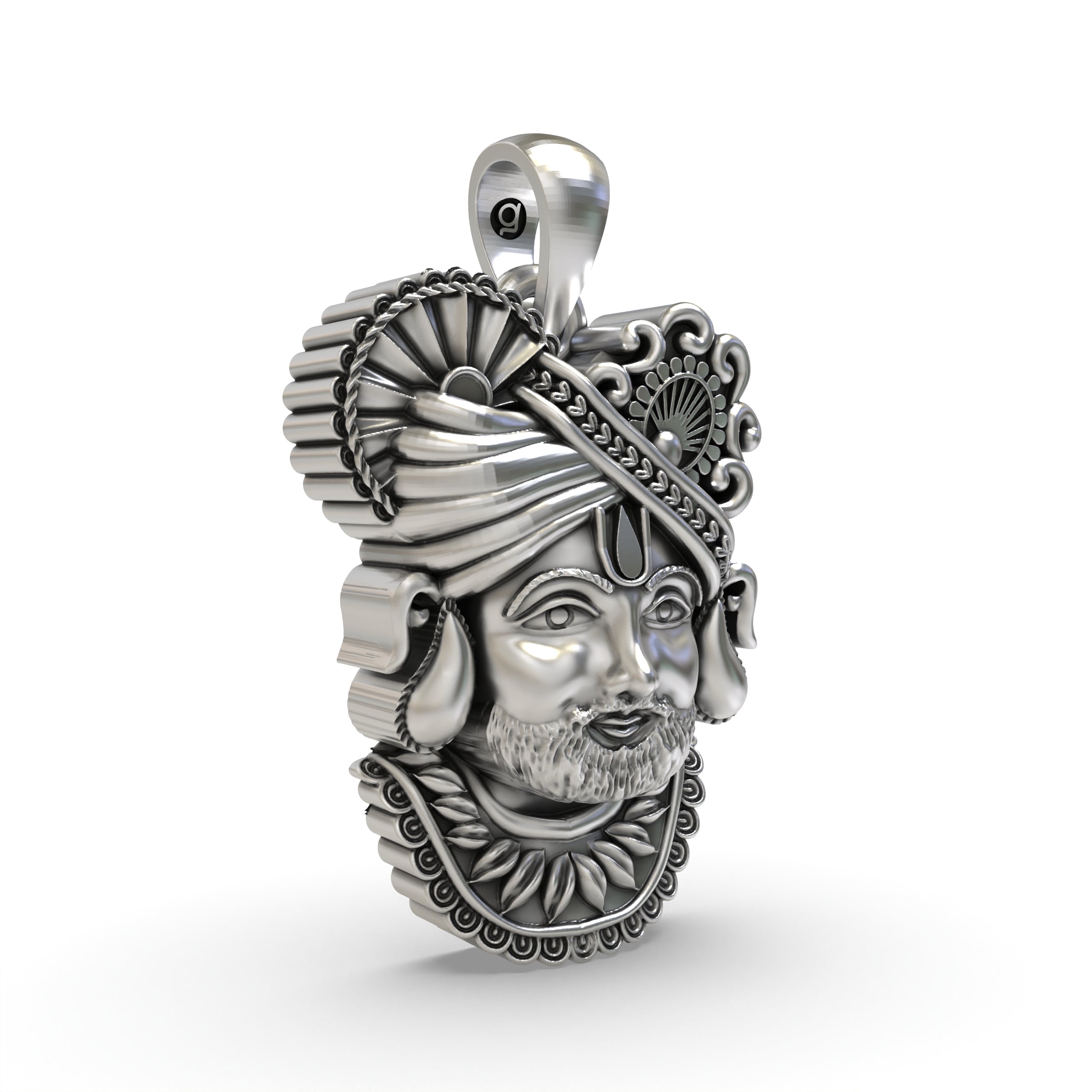 Close-up detail on the 925 silver Khatu Shyam pendant, focusing on the intricate handmade carvings.
