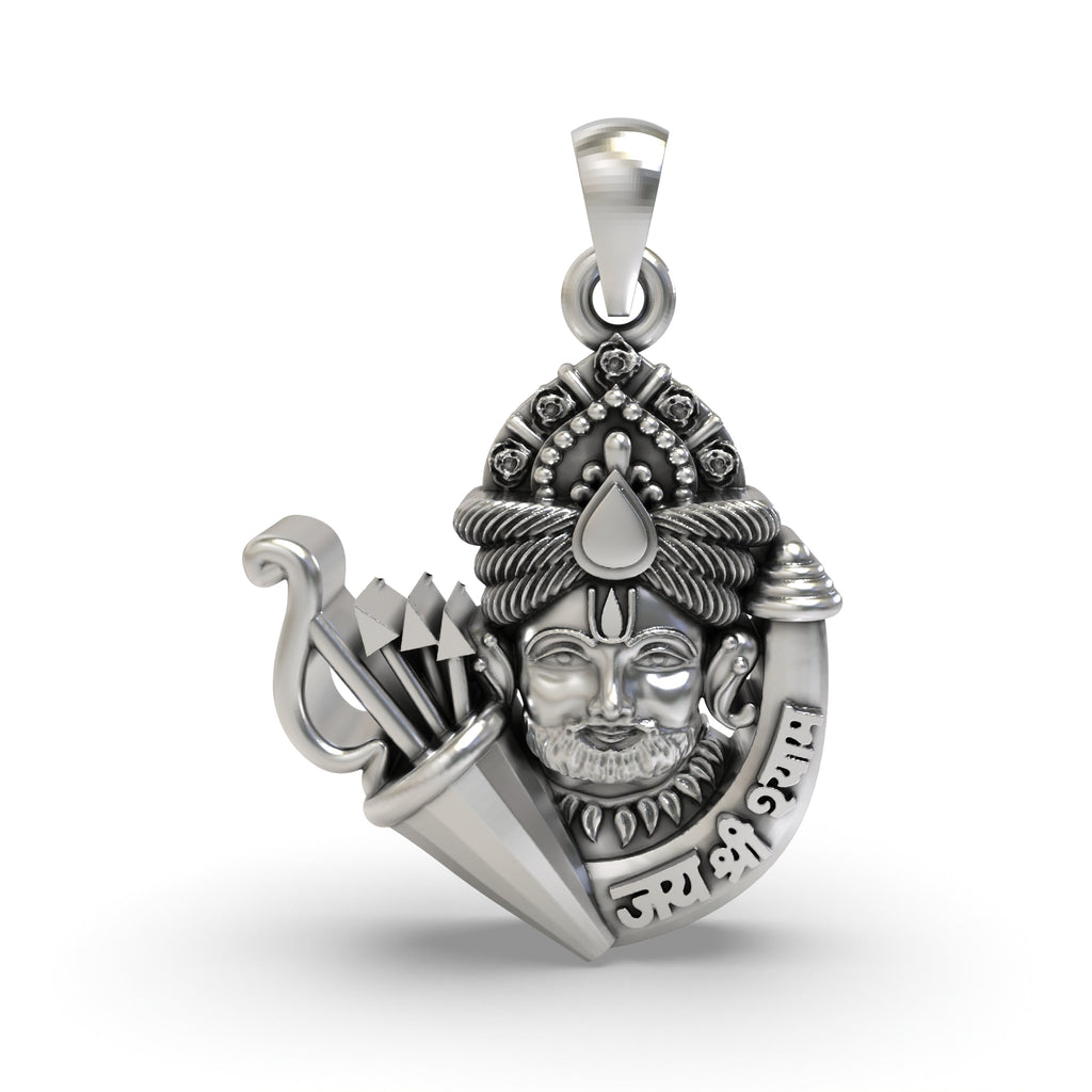 Front view of the detailed Shri Khatu Shyam Ji face pendant, handcrafted in 925 sterling silver with an oxidized finish.