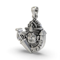 Angled side view of the Khatu Shyam Ji silver pendant, showcasing the intricate carvings and dimensional design for devotees.