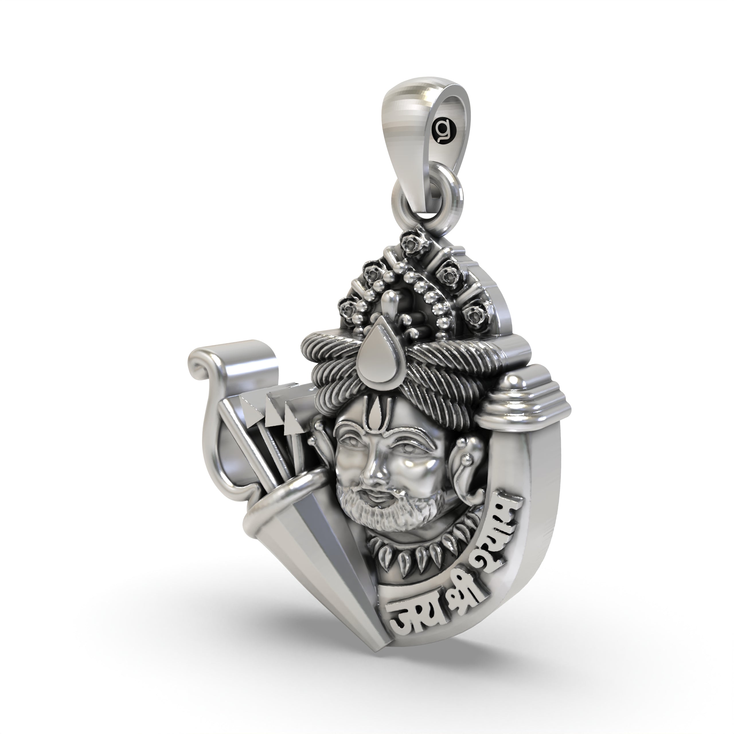 Angled side view of the Khatu Shyam Ji silver pendant, showcasing the intricate carvings and dimensional design for devotees.