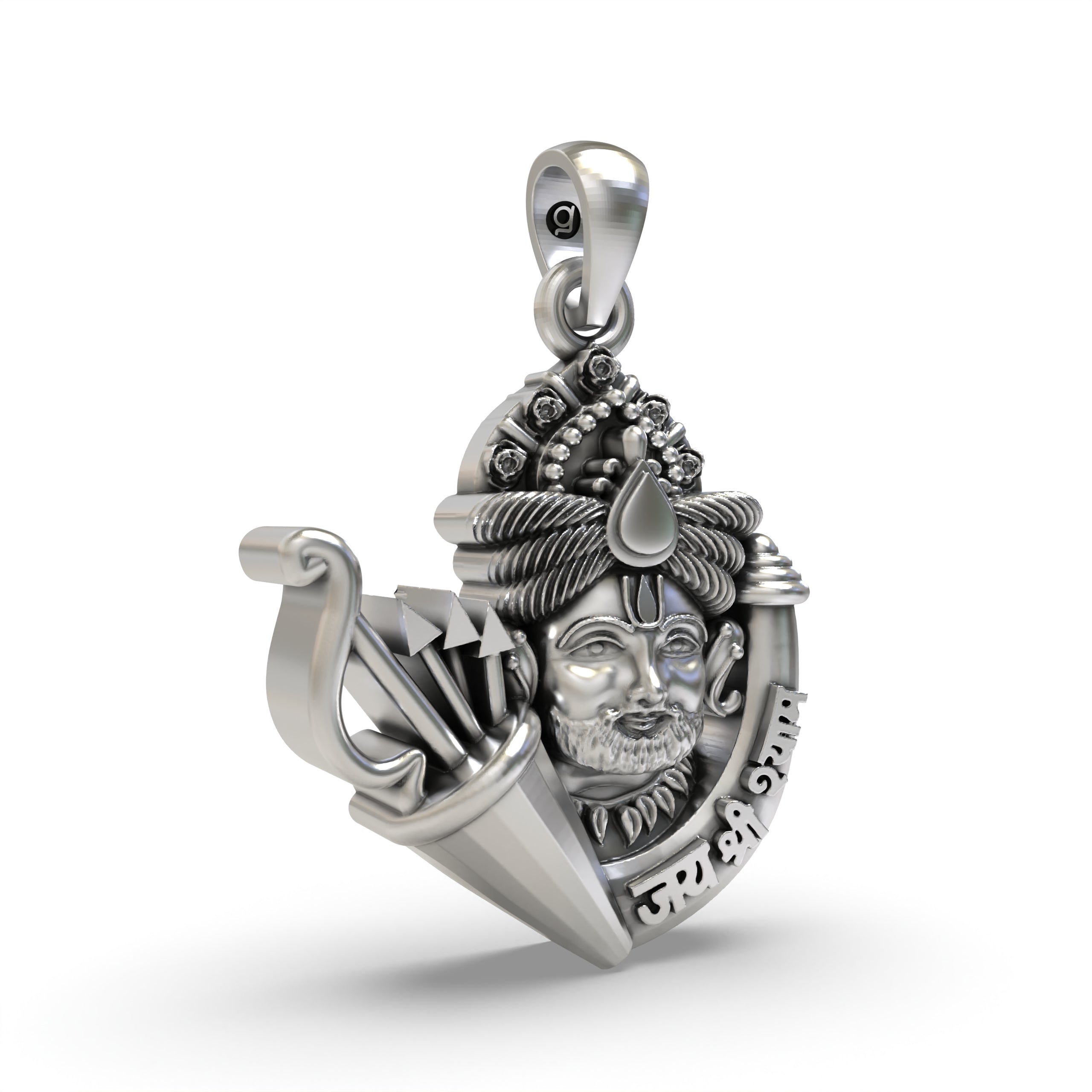 Close-up detail of the expression on the Khatu Shyam Ji pendant, highlighting the fine craftsmanship in 925 silver.