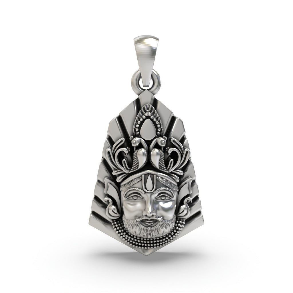 Front view of the handcrafted 925 sterling silver Khatu Shyam Baba face pendant with an antique oxidized finish.