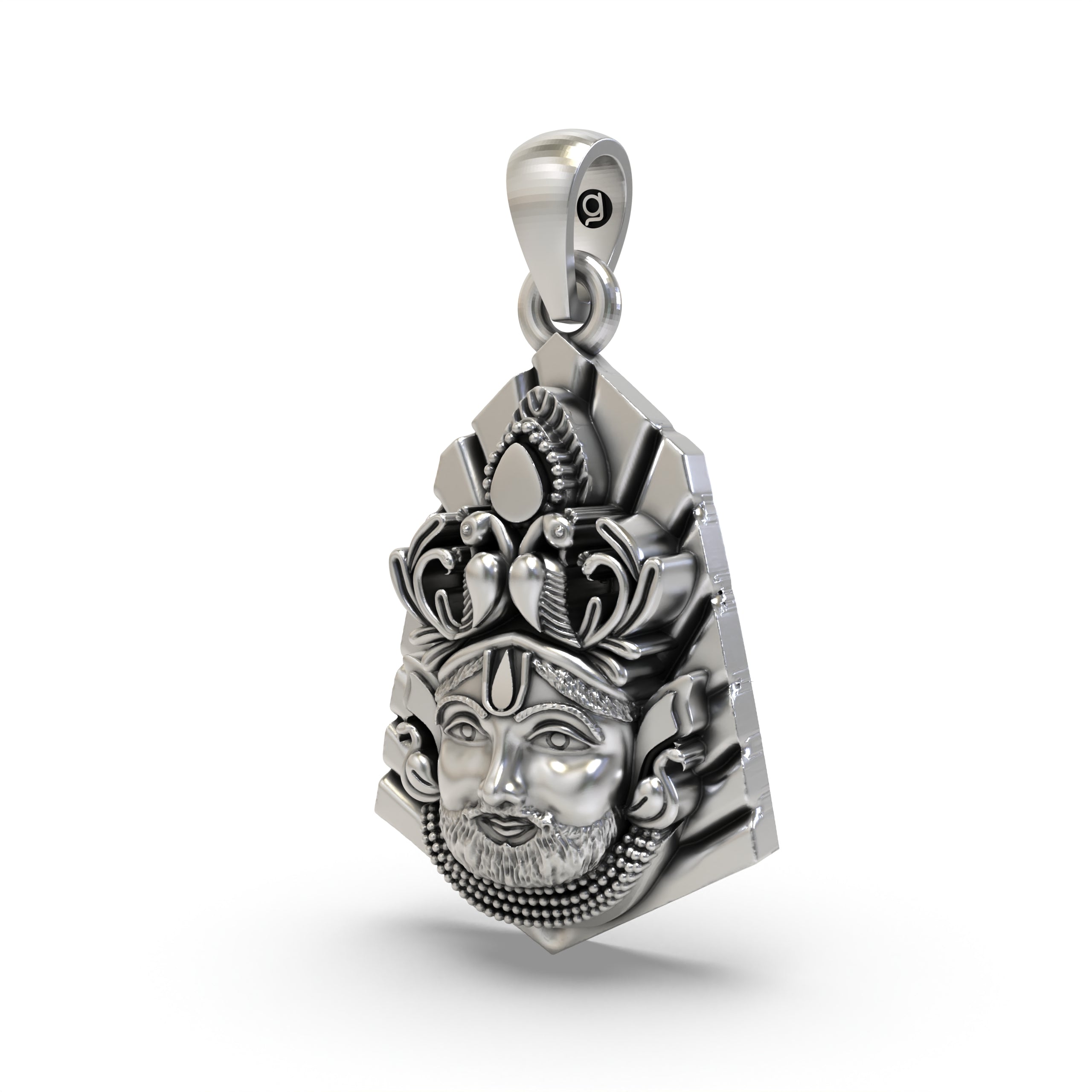 Angled side profile of the Khatu Shyam Baba 925 silver pendant, showing the intricate carving and divine expression.