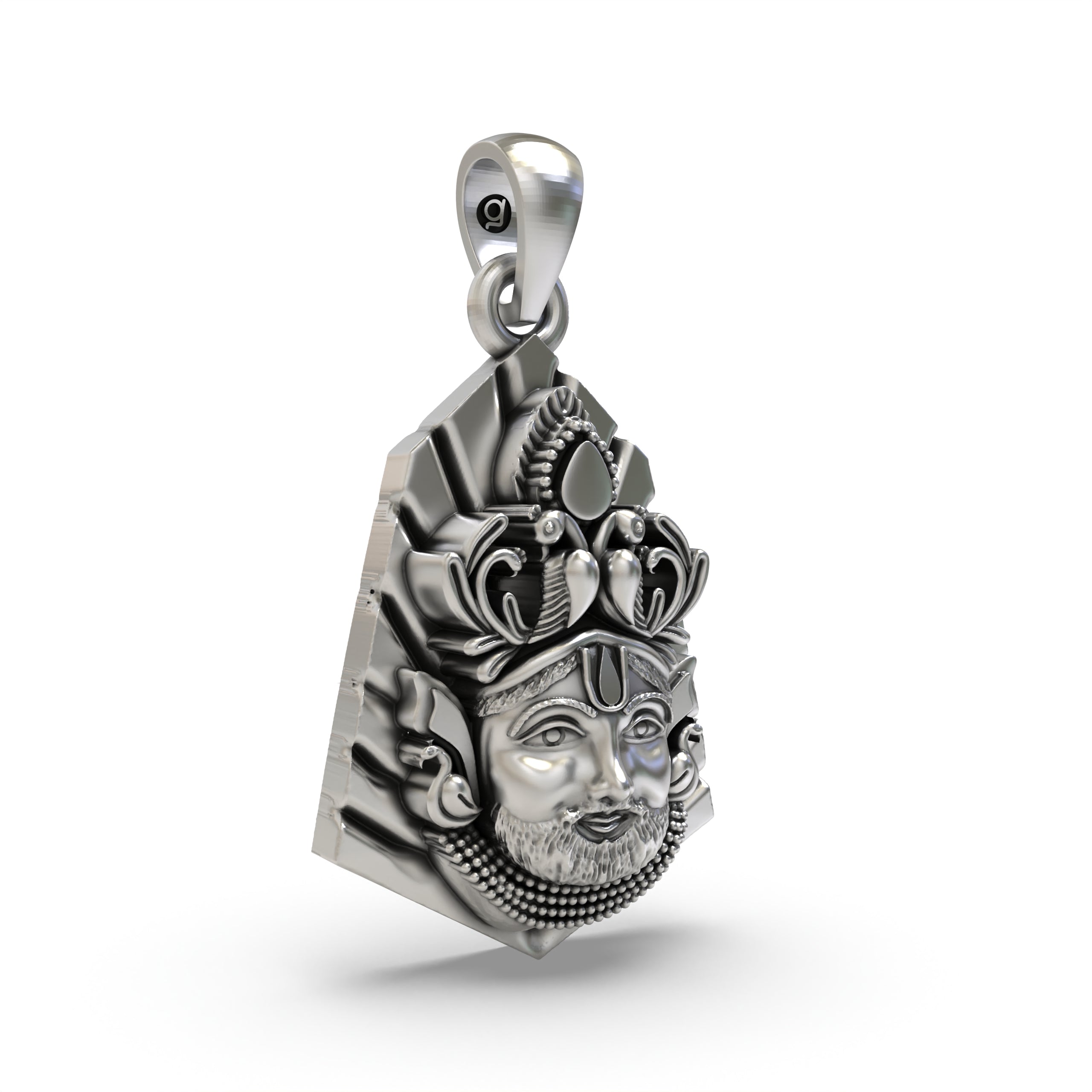 Close-up detail of the compassionate face on the Khatu Shyam Baba pendant, crafted from pure 925 oxidized silver.