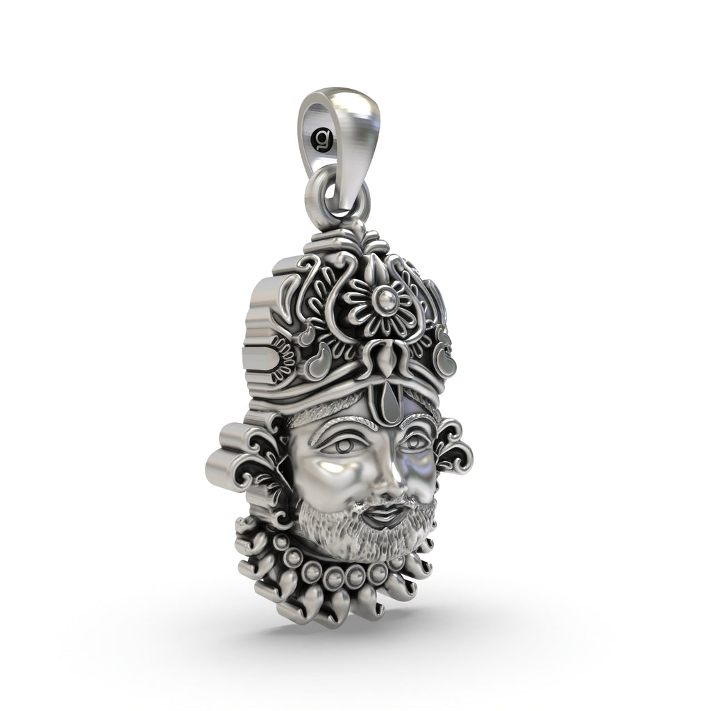 Close-up detail of the Khatu Shyam Ji divine face pendant, showcasing the intricate work on the 925 silver.