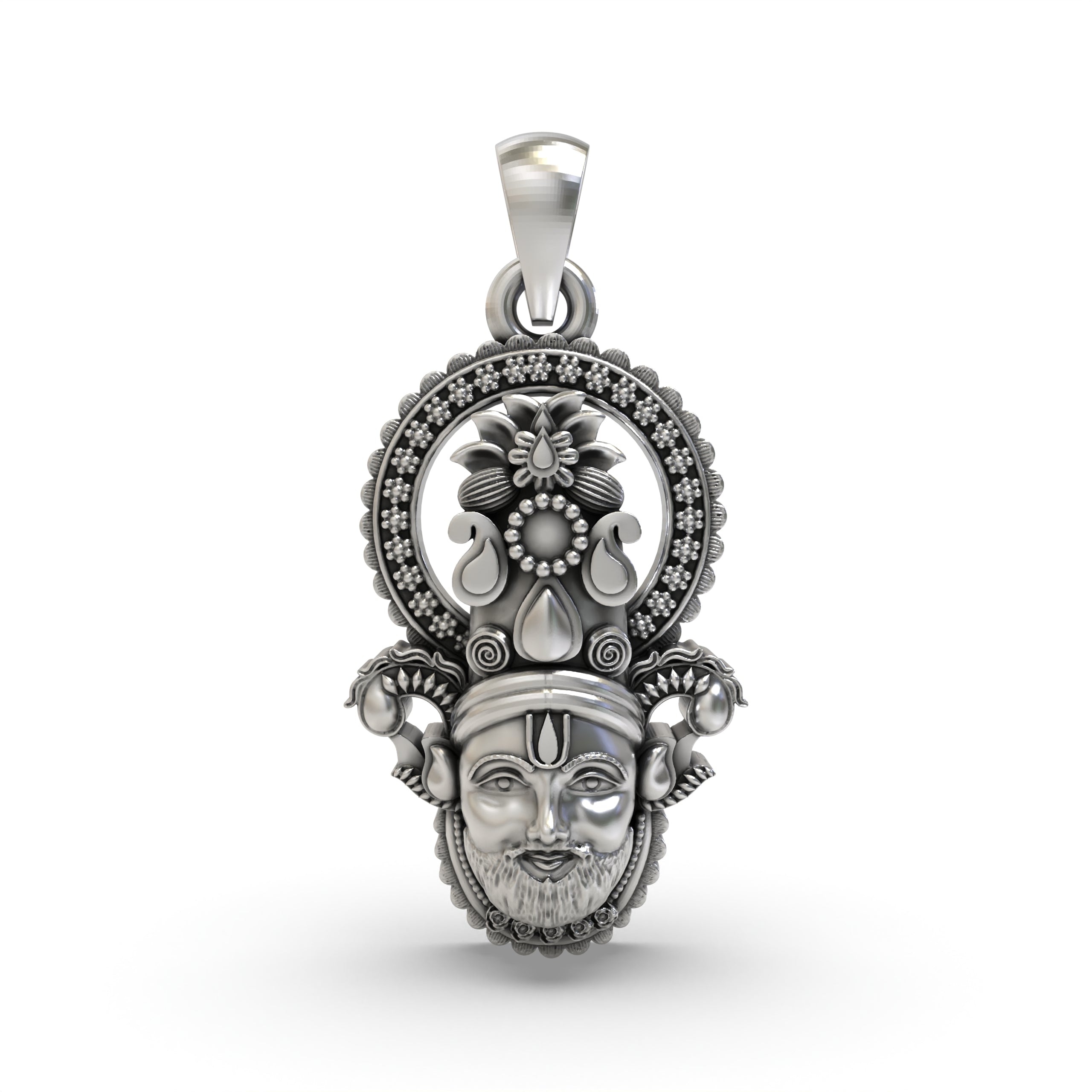 Front view of the handcrafted 925 silver Khatu Shyam face pendant, showing the serene expression and detailed craftsmanship. Main image
