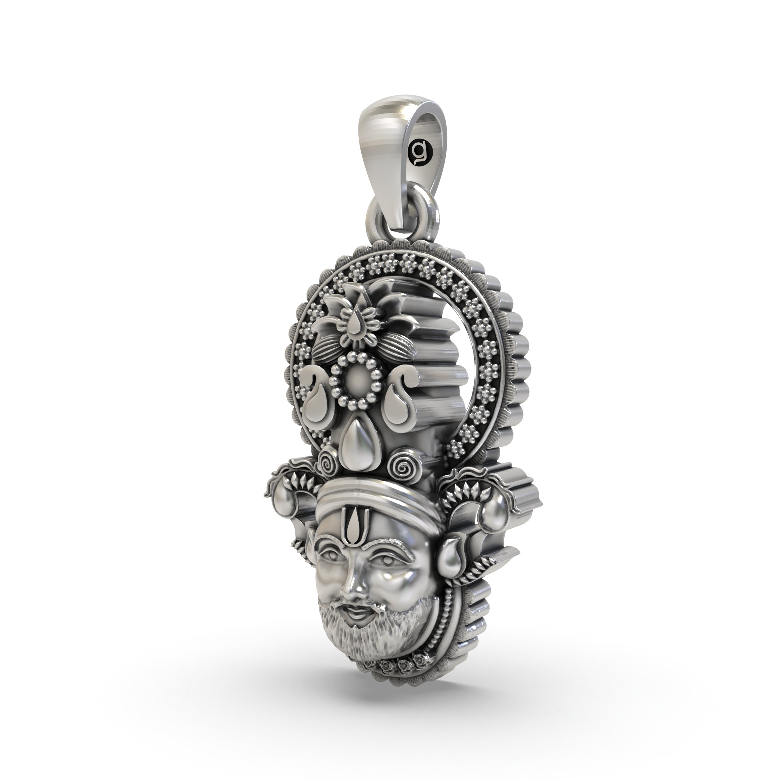 Close-up of the Khatu Shyam Ji face pendant in oxidized 925 silver, highlighting the intricate details of the divine design.
