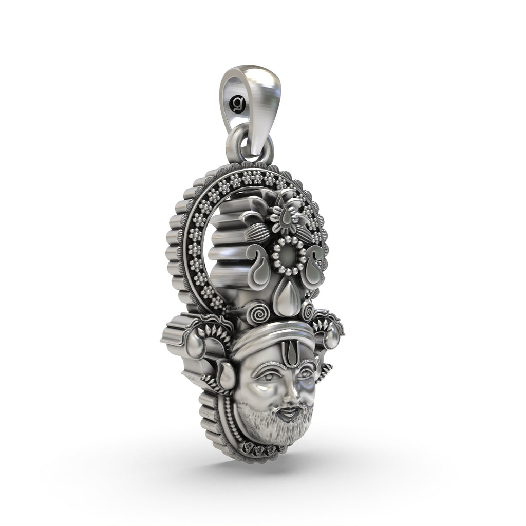 Side profile of the 925 sterling silver Khatu Shyam Baba face pendant, showcasing its dimensions and lightweight hollow back.