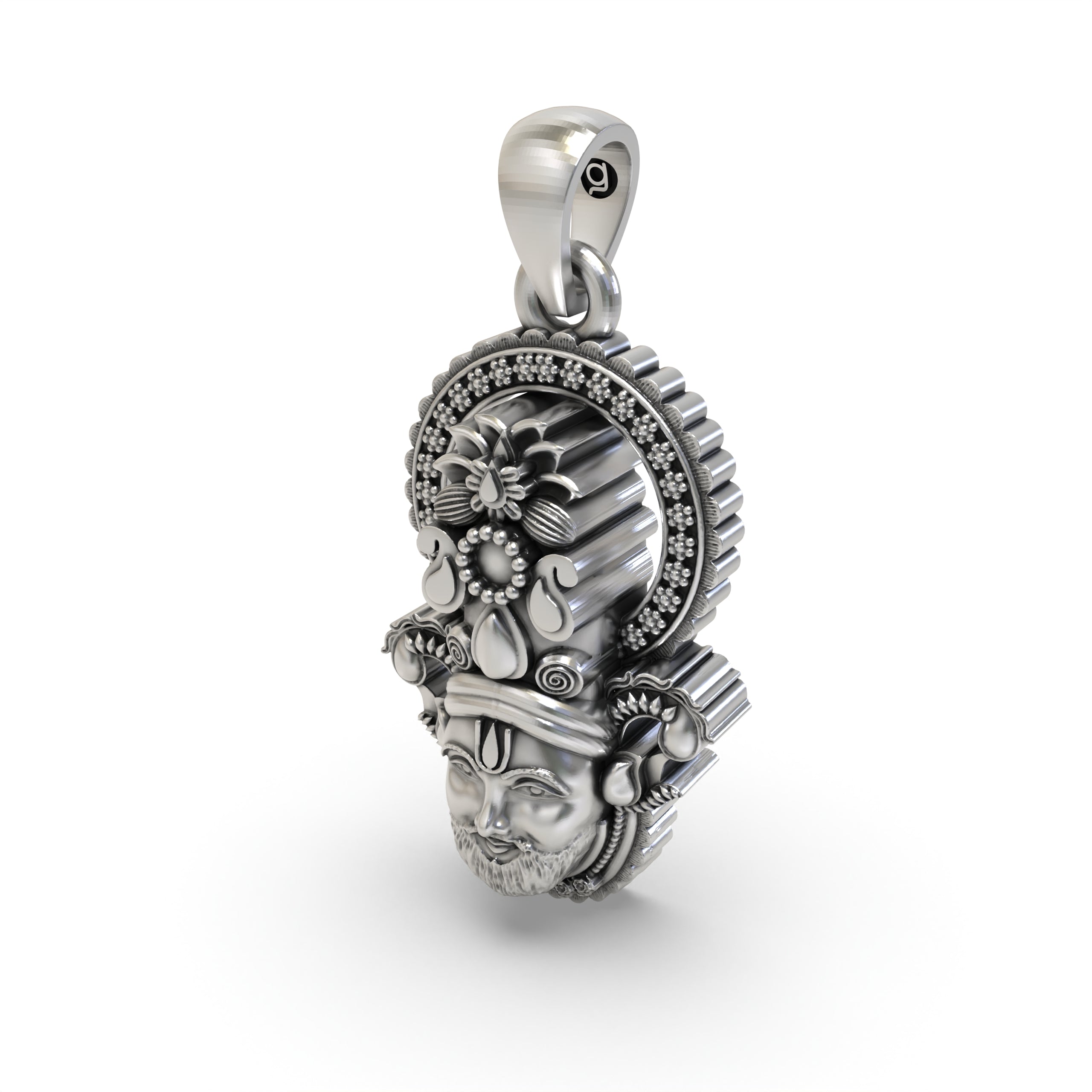 A detailed look at the antique finish of the 925 silver Khatu Shyam face pendant, a perfect religious jewelry piece.