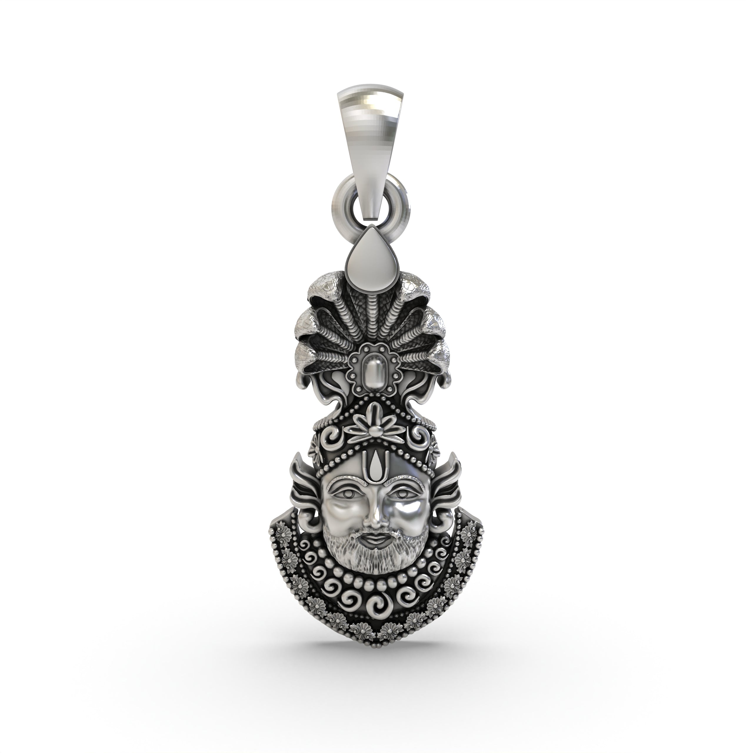 A detailed front view of the Khatu Shyam face pendant, handcrafted from oxidized 925 sterling silver by Alankar. Main image