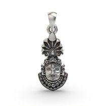 A detailed front view of the Khatu Shyam face pendant, handcrafted from oxidized 925 sterling silver by Alankar.