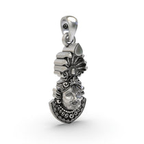 Close-up shot showing the delicate craftsmanship and compassionate expression on the Khatu Shyam Ji 925 silver pendant.