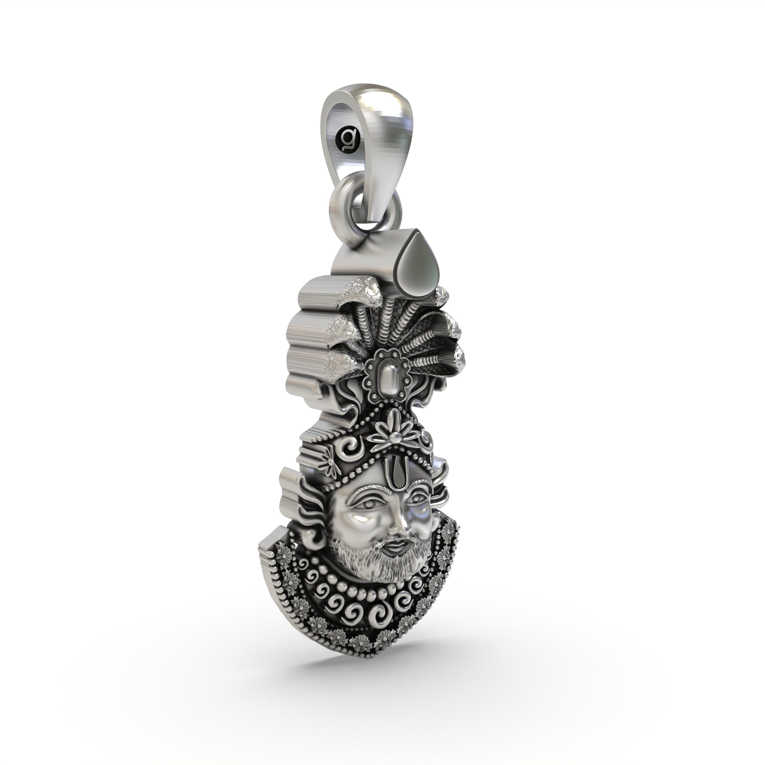 Close-up shot showing the delicate craftsmanship and compassionate expression on the Khatu Shyam Ji 925 silver pendant.