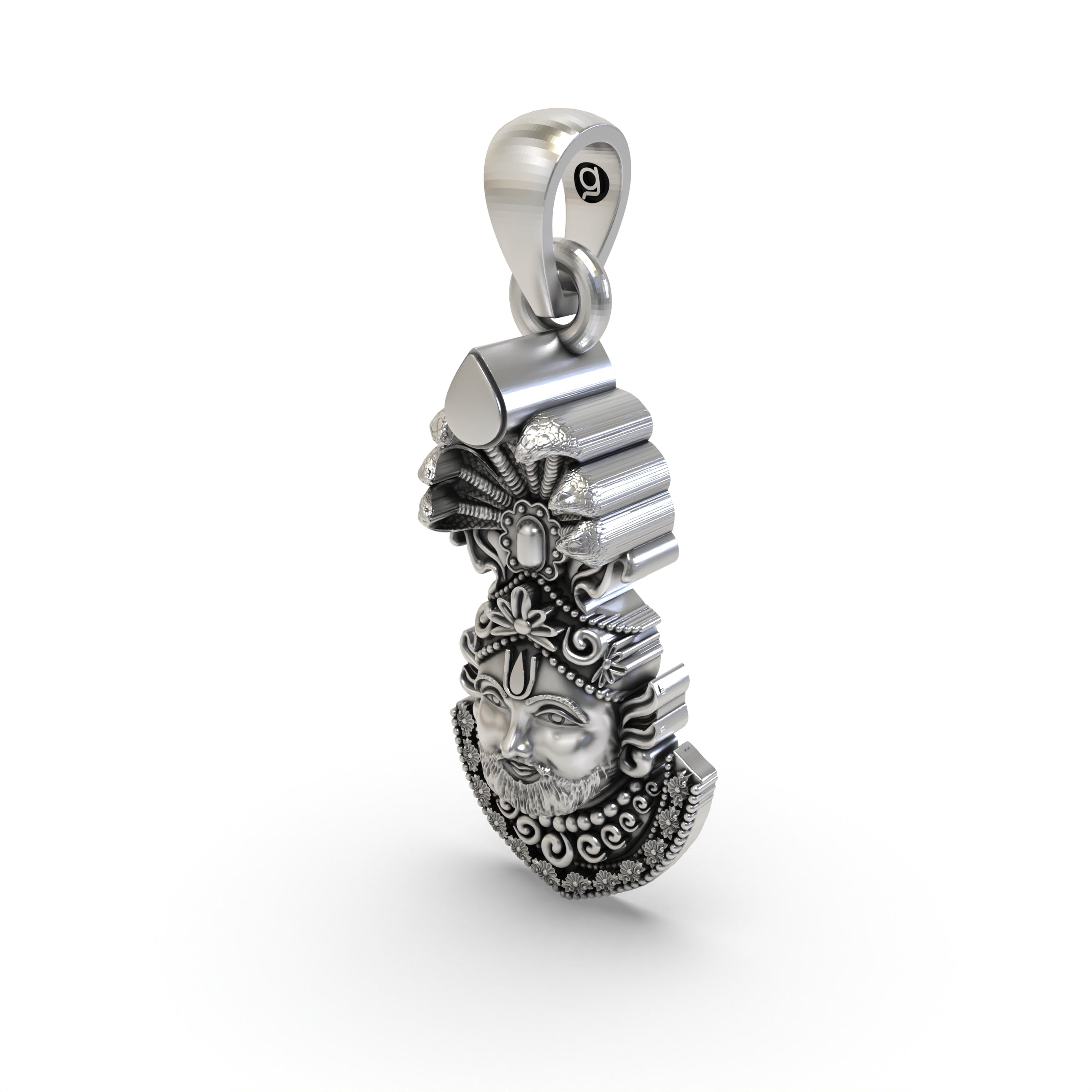 The 925 sterling silver Khatu Shyam face pendant shown from another angle to display its 30mm size and hollow back design.
