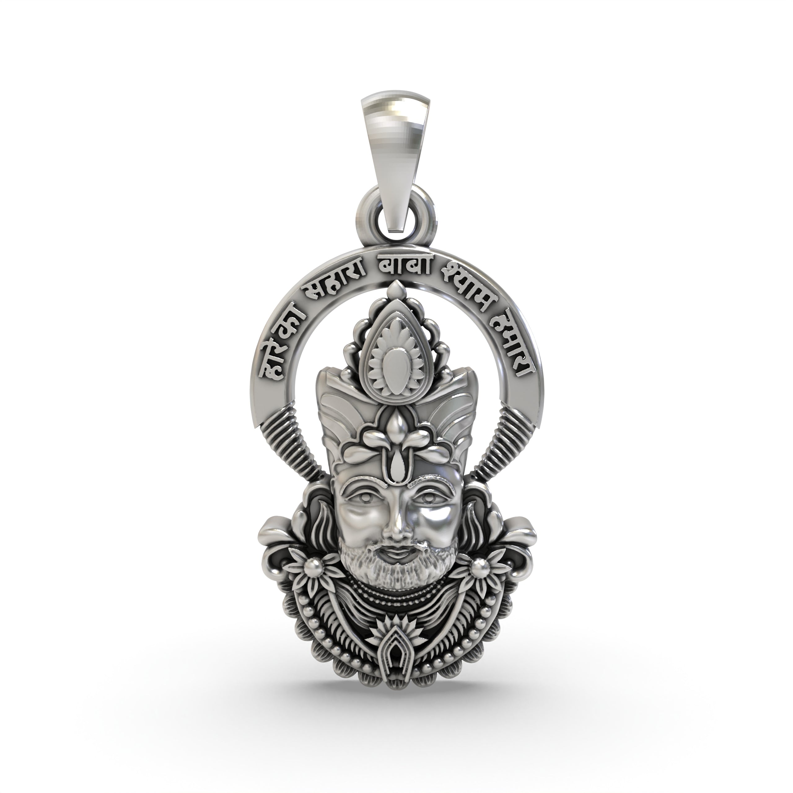 Front view of the handcrafted 925 silver Shyam Baba face pendant, showing its calm and compassionate expression. Main image