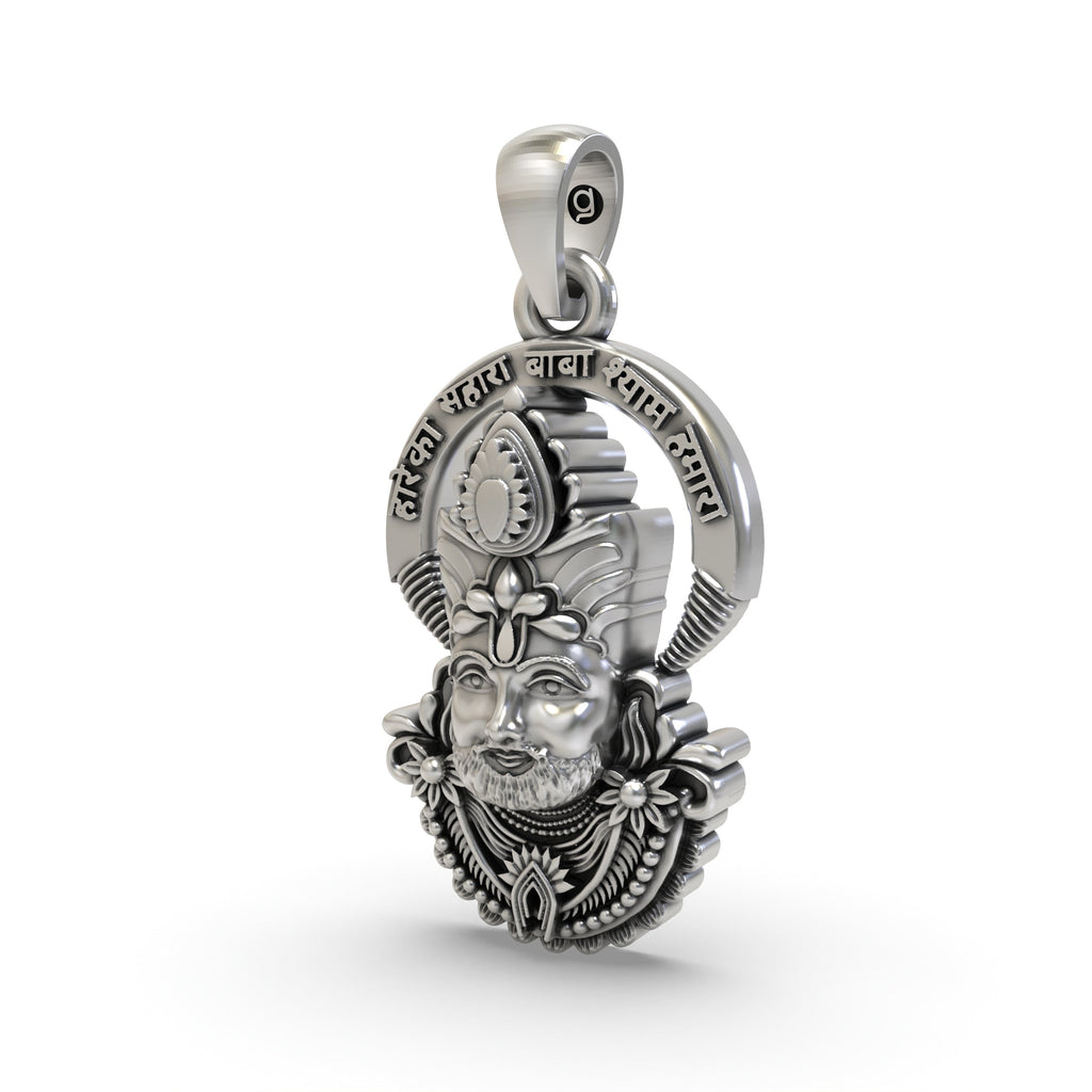 A detailed close-up of the Khatu Shyam Baba pendant in oxidized 925 sterling silver, highlighting the intricate carvings.