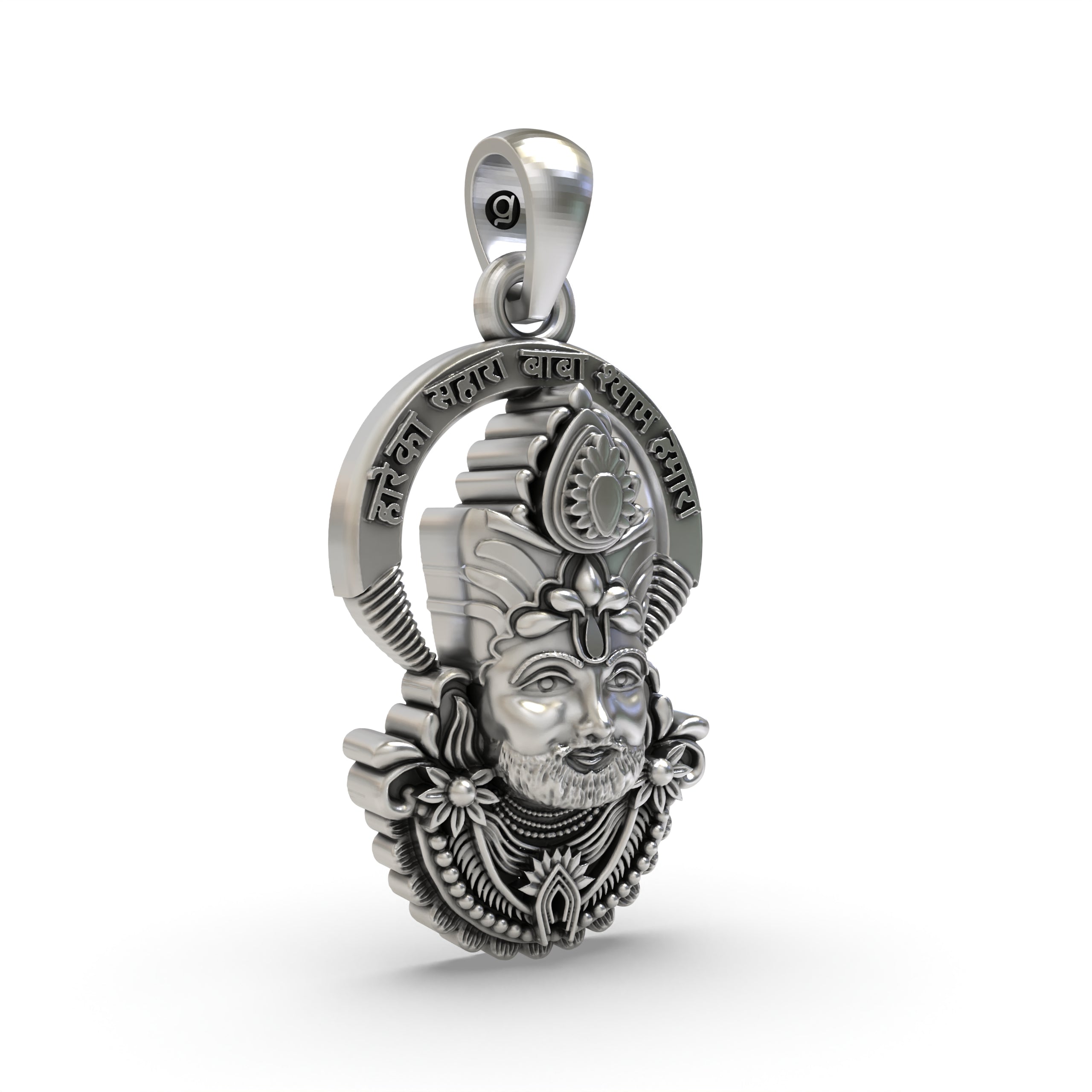Side profile of the 925 silver Shyam Baba spiritual pendant, showcasing its dimensions and the secure bail for a chain.